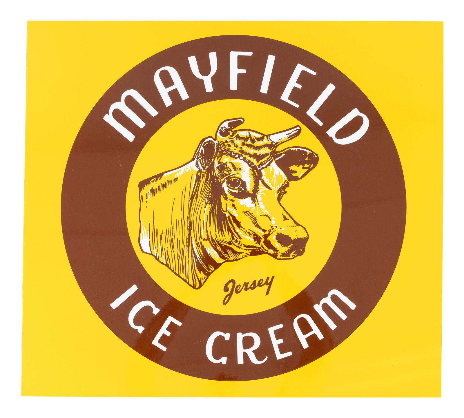 Mayfield Jersey Ice Cream DST Flange Sign: 18" x 20.5", DST flange has outstanding color and shine. The display has a clean field with minor surface marks in the outer field. The reverse is in a similar condition. Overall a colorful flange wit
