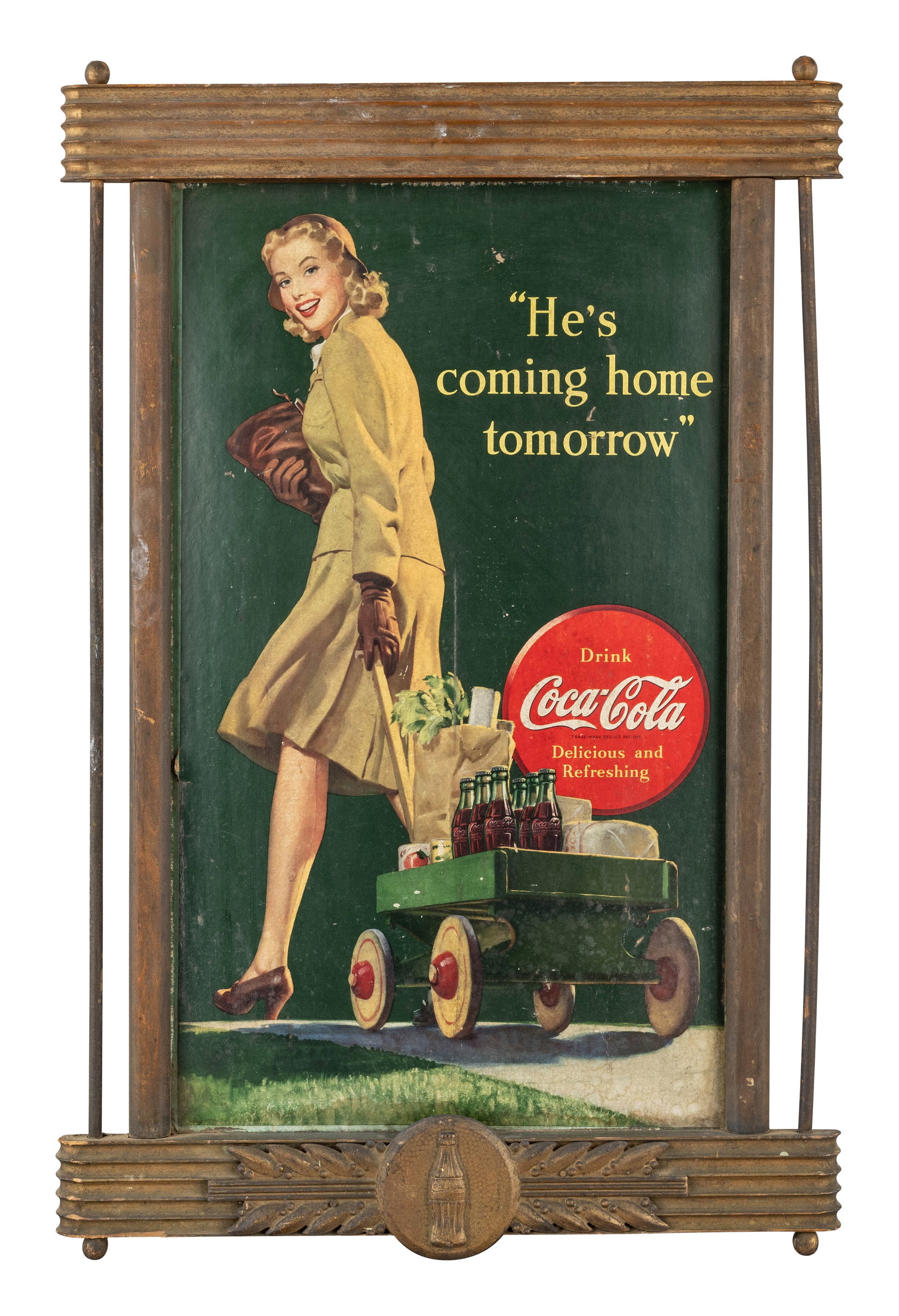 1940s Coca Cola "He's Coming Home Tomorrow" Cardboard Sign w/ Lady and Wagon (1 of 2)
