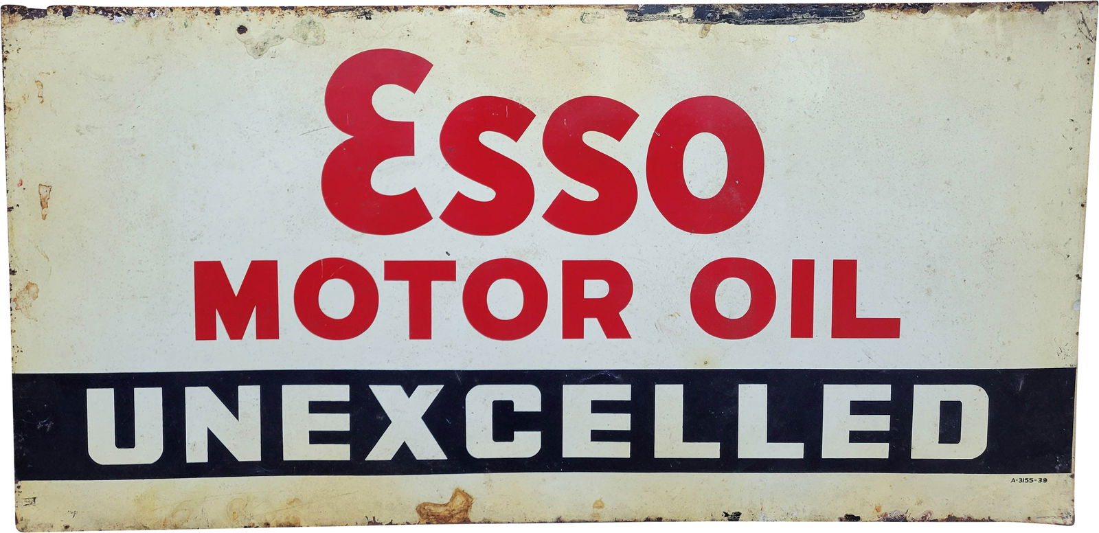 Esso Motor Oil Unexcelled 6' Single Sided Tin Sign: 36" x 72", SST sign has wear throughout. The field displays stains and scratches. The perimeter has additional wear with stains, flaked paint, rust and small bends. Marked A-3155-39.