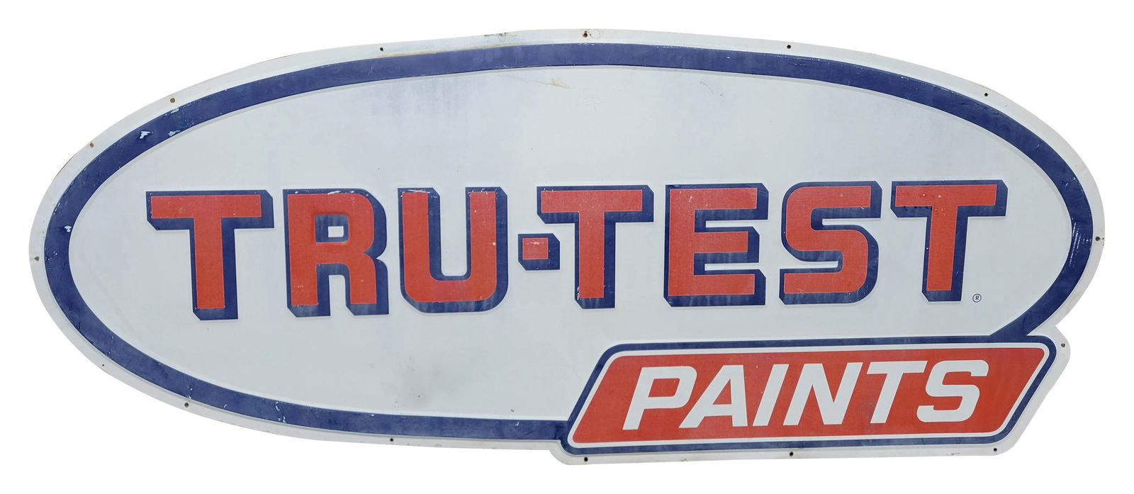 Tru Test Paint Embossed Single Sided Tin Sign: 84" x 36" embossed SST sign displays wear with fading, scratches, and light stains.