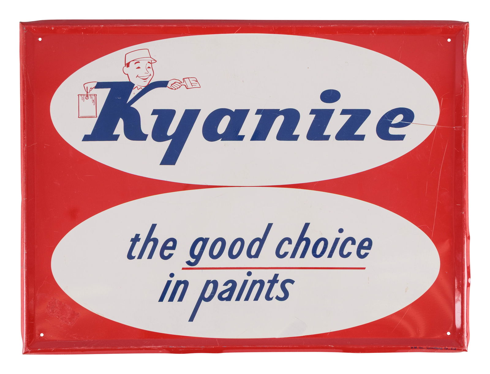 Kyanize The Good Choice in Paints SST Sign w/ Logo: 17.75" x 23.75", SST self-framed sign has excellent color and shine. The field is very clean overall with minor surface imperfections. The right outer field has scratches and the perimeter has small e