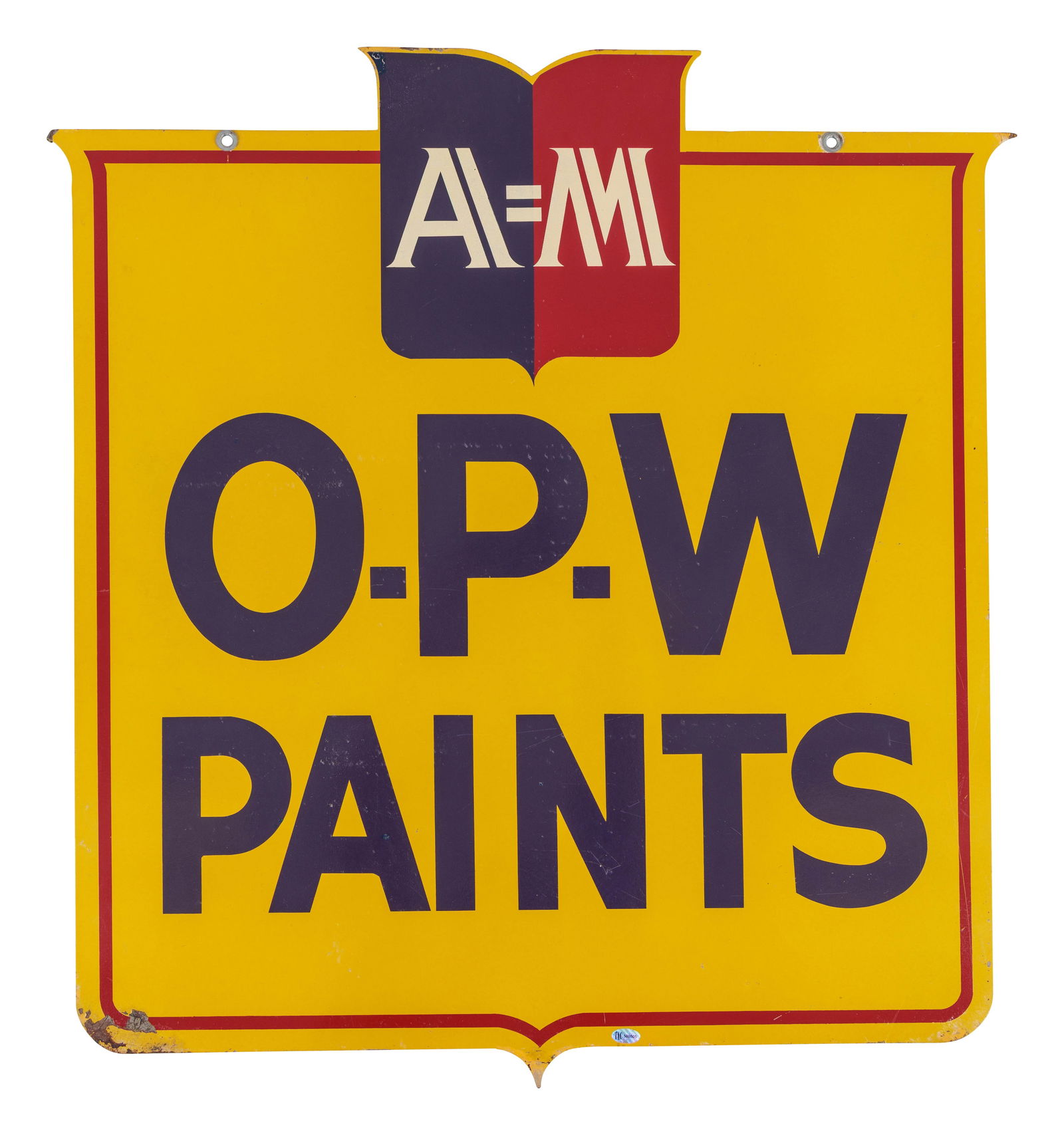 AM American Marietta OPW Paints Die Cut DST Sign: 27.5" x 25.5", DST die cut sign has very good color and shine. Side #1 has light wear in the fields with paint chips along the perimeter. The upper corners and lower point have small bends with minor