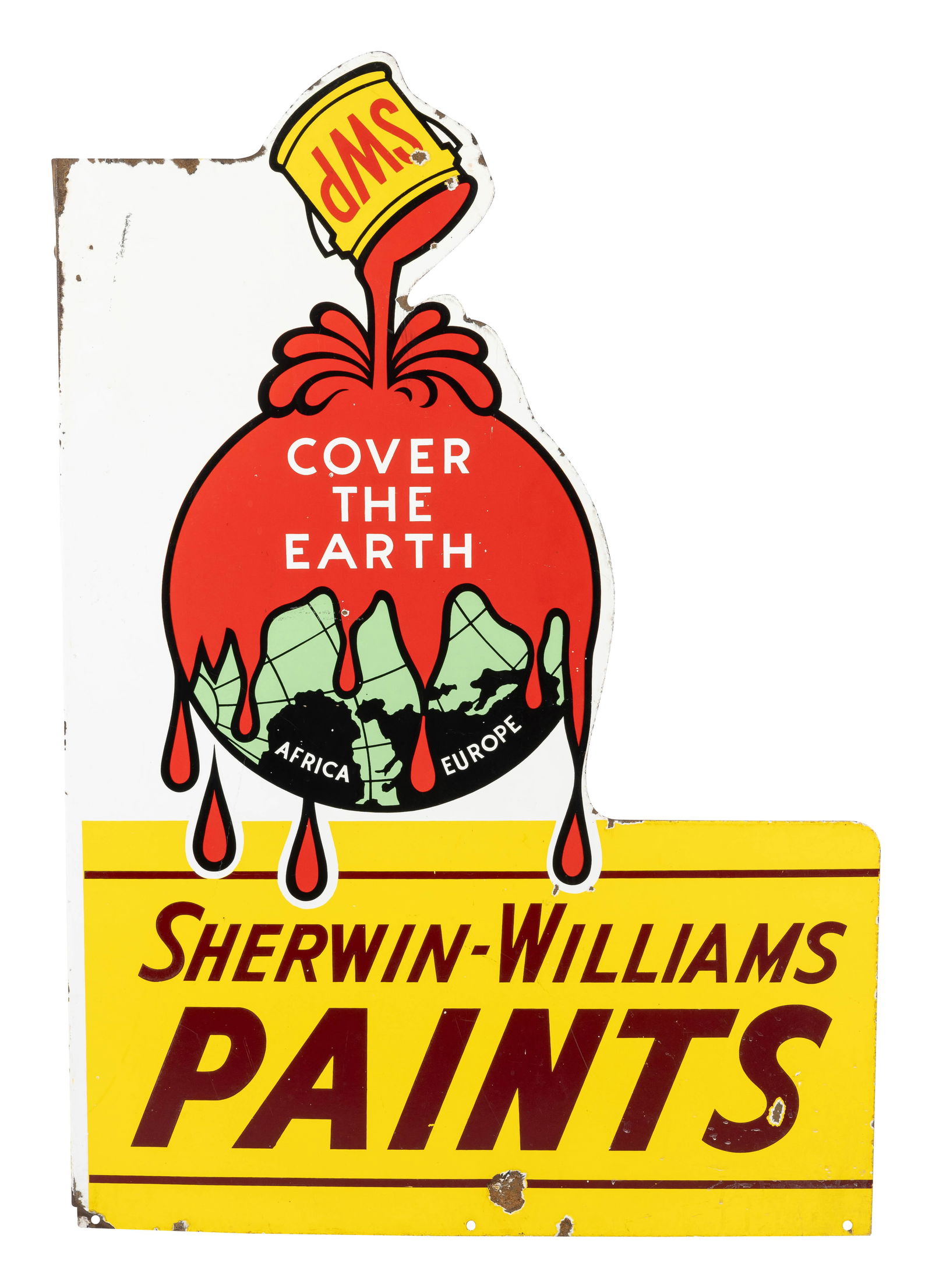 SWP Sherwin Williams Paints "Cover the Earth" DSP Flange Sign w/ Logo: 48" x 33", DSP die cut flange has very good color and gloss. Side #1 has light surface wear, flea bits and chips in the lower outer fields. The perimeter has edge chips with minor bends and chipping t