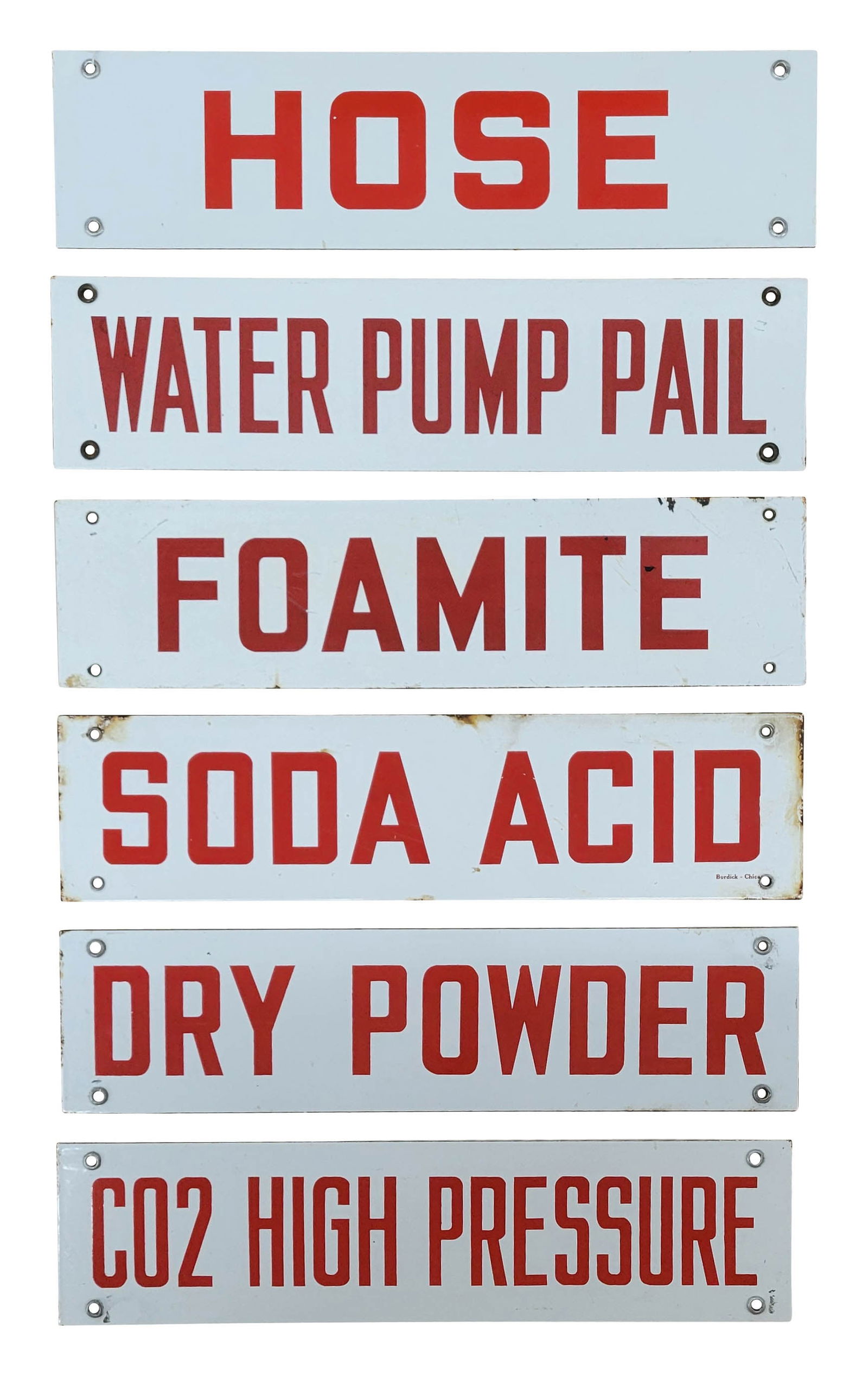 Soda Acid, Hose, Water Pump Pail, Foamite, Dry Powder DSP Signs: A set of 6 double-sided porcelain signs measuring 20" x 5" each, featuring Hose, Water Pump Pail, Foamite, Soda Acid, Dry Powder, and CO2 High Pressure. These signs are in different used conditions, w
