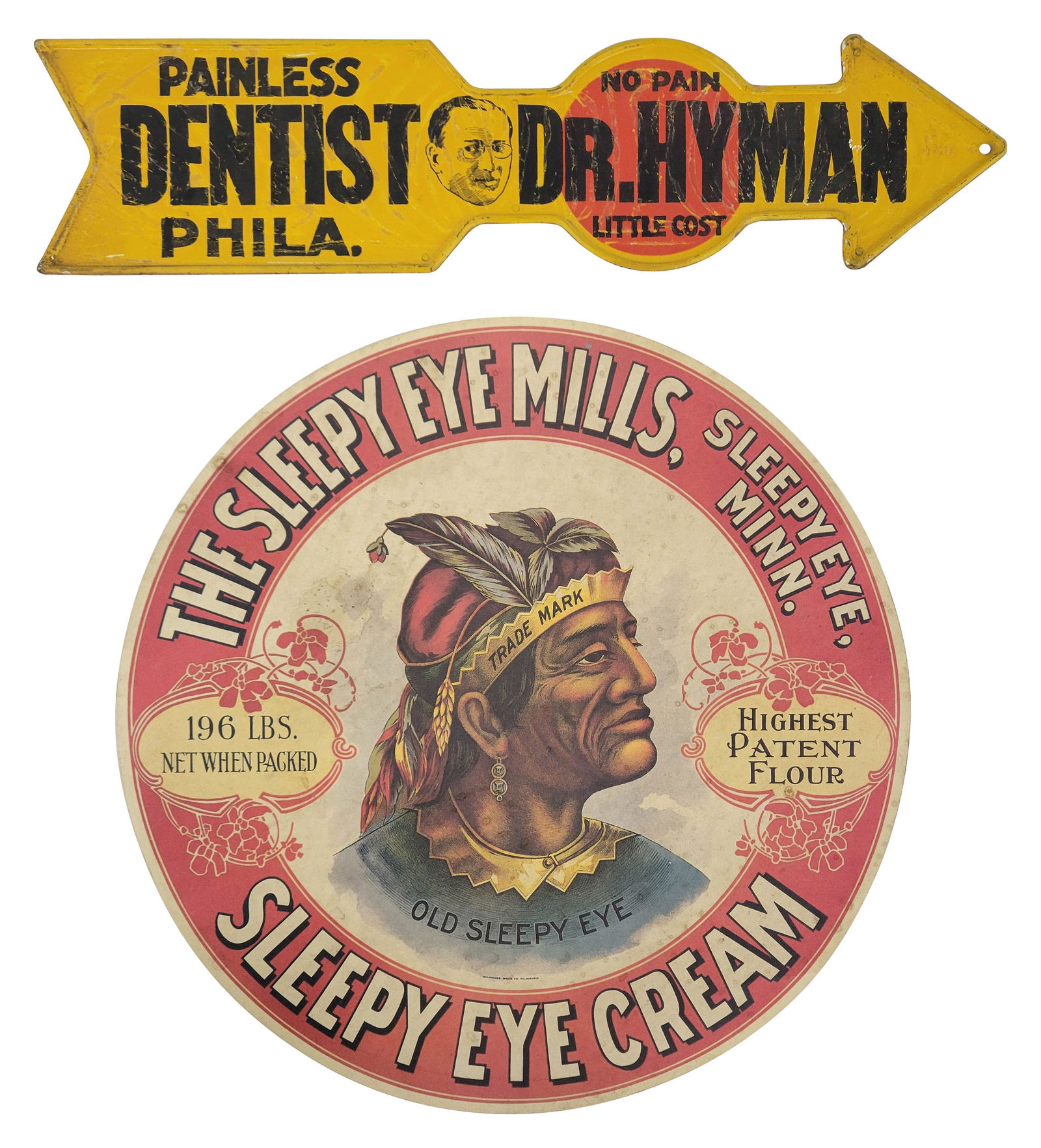 Dentist Dr. Hyman Directional Arrow Sign and Old Sleepy Eye Cream Label (1 of 2)