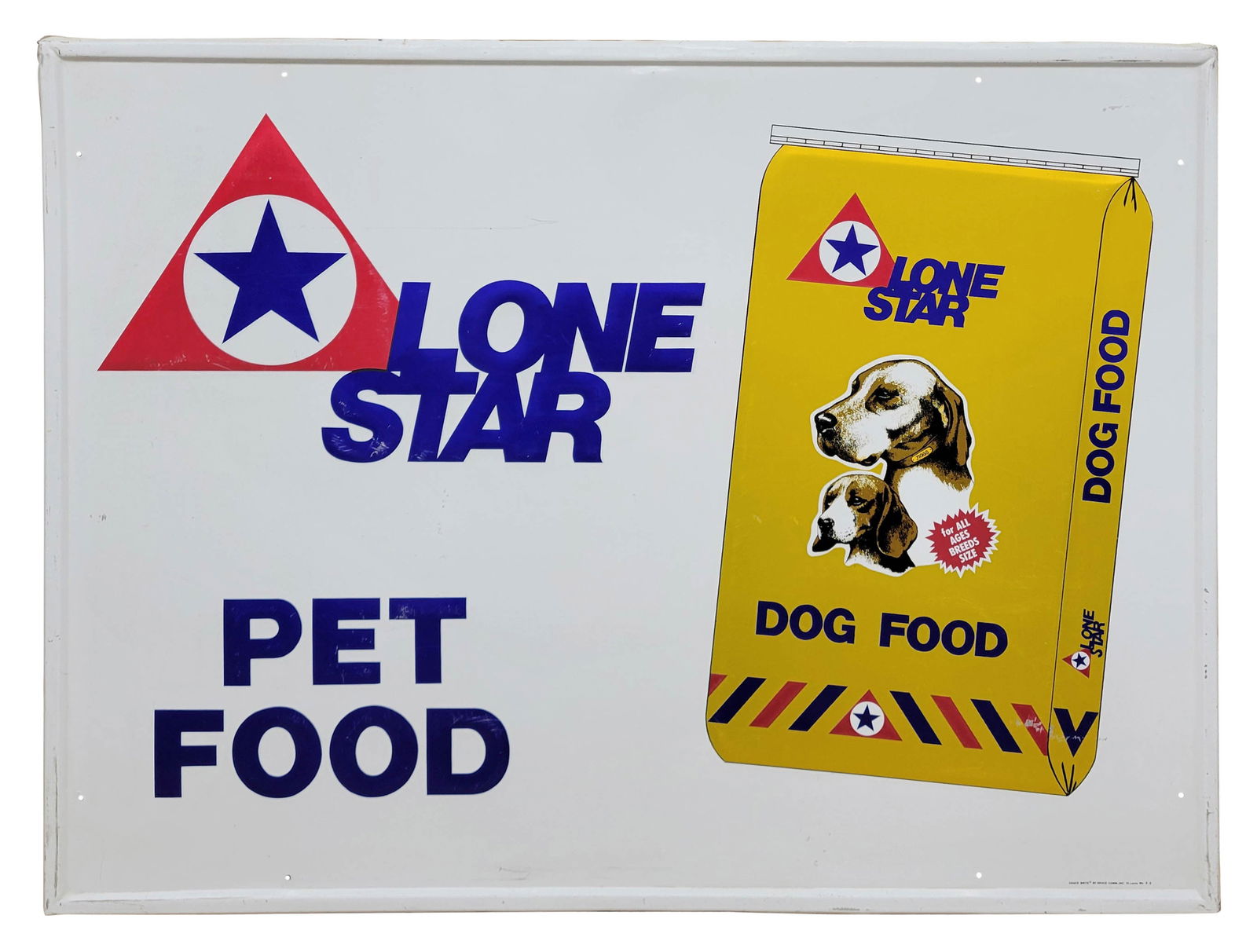 Lone Star Pet Food Single Sided Tin Sign: 36" x 48" SST sign exhibits good graphics and color. There are fine scratches in the field and the perimeter some wear with scratches and small bends.