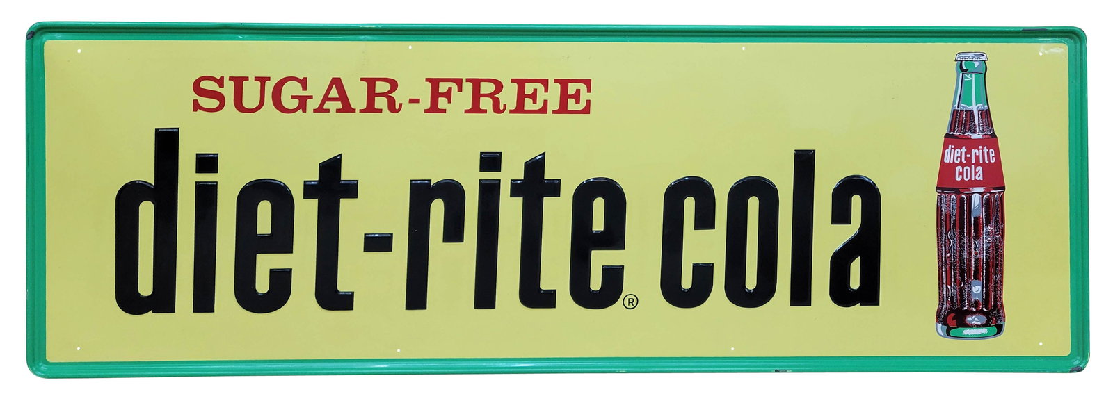 Sugar Free Diet Rite Cola Embossed Single Sided Tin Sign: 54" x 18" embossed SST sign is in very good condition with bright colors and high shine throughout. There are minor scuffs in the field with 2 small shallow bends along the top perimeter. The remainin