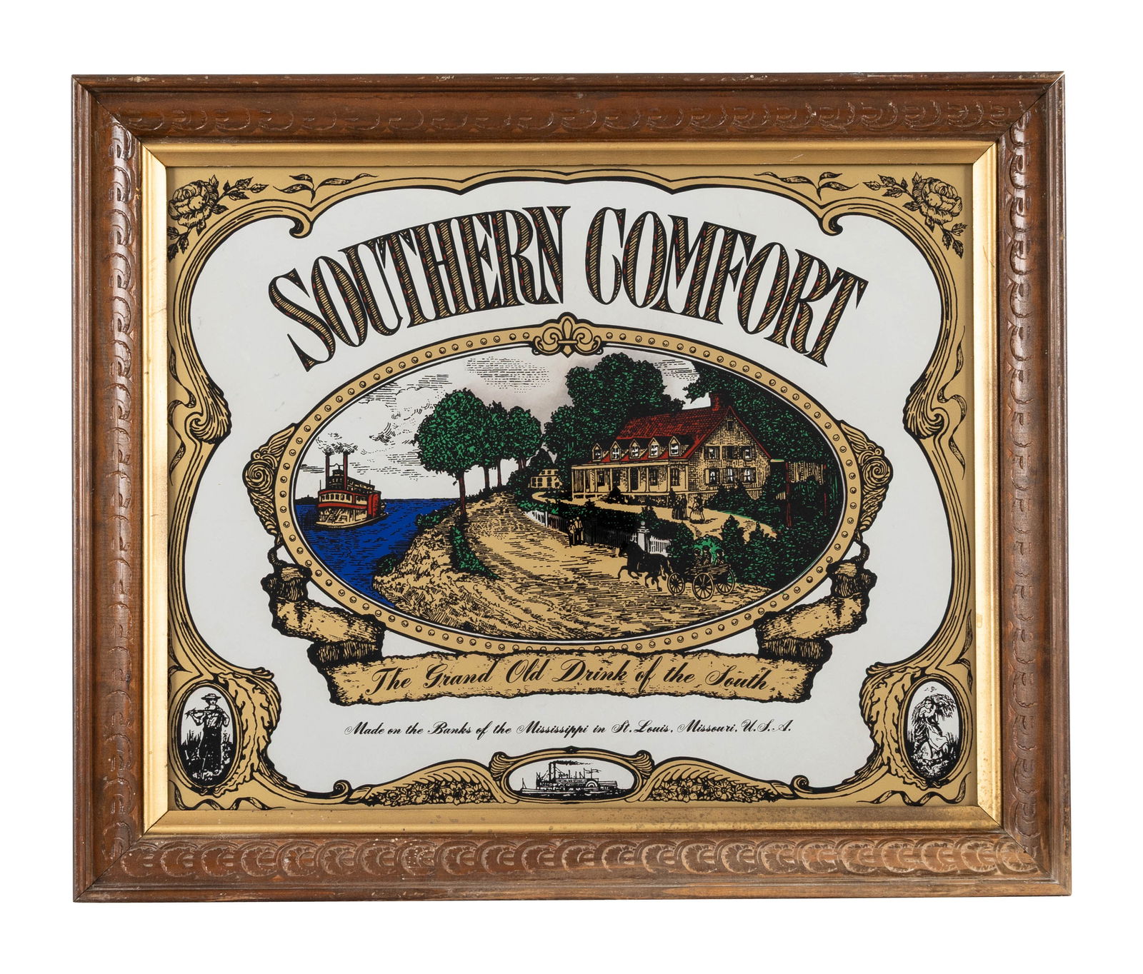 Southern Comfort "The Grand Old Drink of The South" Advertising Mirror Sign: 19" x 23", single sided advertising mirror with factory wooden frame has excellent color. The fields are clean. The perimeter has areas of wear to the wooden frame.