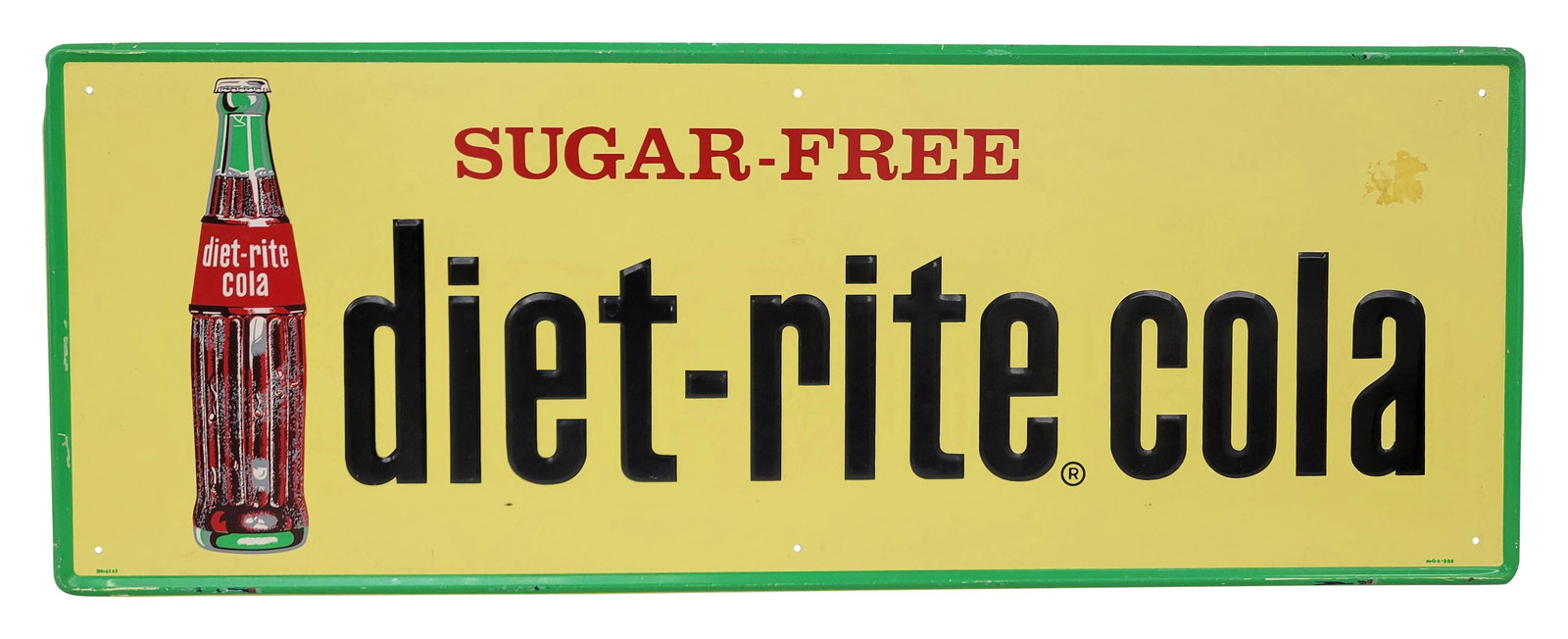 Sugar Free Diet Rite Cola Embossed Single Sided Tin Sign: 32" x 12" embossed SST sign displays bright colors and light to wear to the surface including a small paint chip below the letter "e" and a 1" stain near the upper right corner. The perimeter has ligh