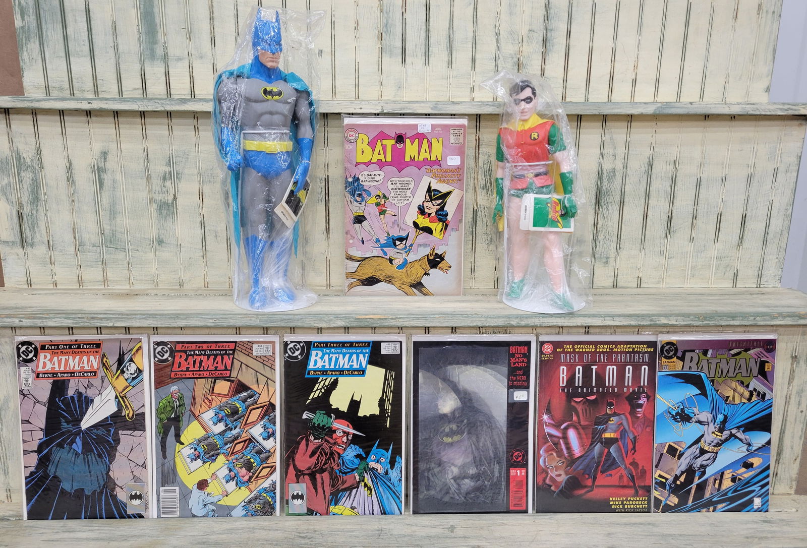 1960 Silver Age Batman Comic No. 133 DC Comics with NOS 1982 Batman, 1976 Robin figures plus 6 other (1 of 5)