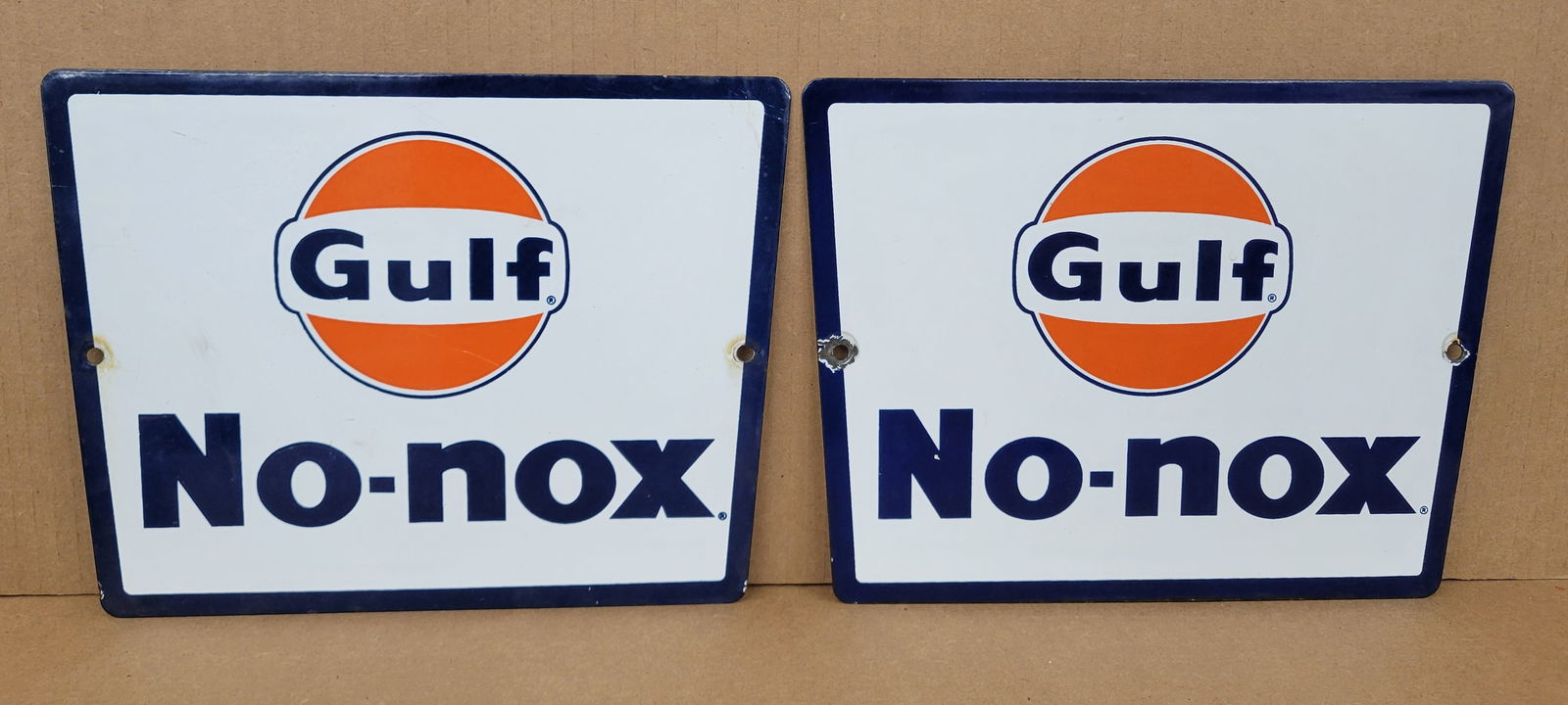 Pair of Gulf No Nox Porcelain Pump Plate Signs (1 of 2)