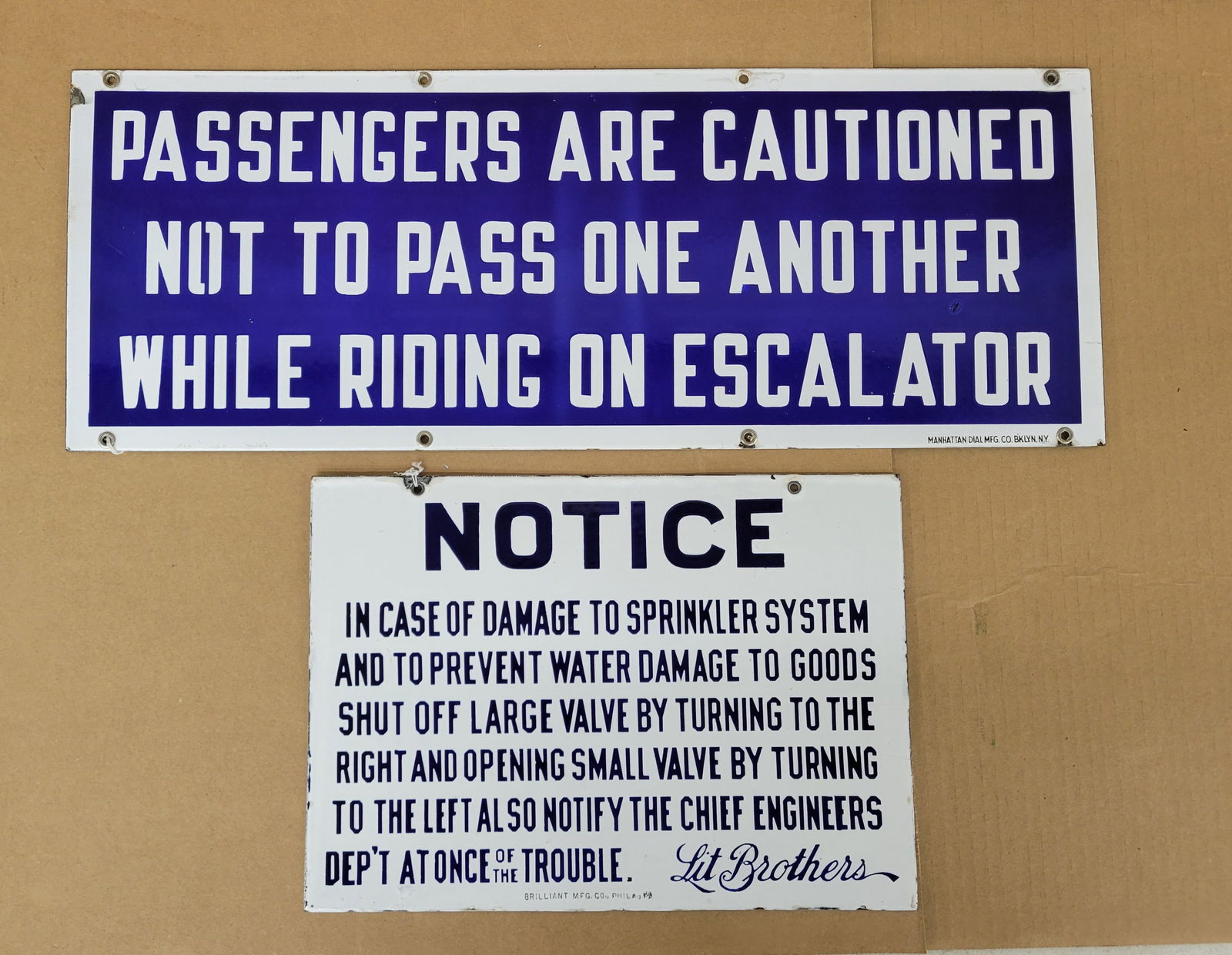 Escalator Caution Sign and Lit Brothers Notice Porcelain Signs (1 of 2)
