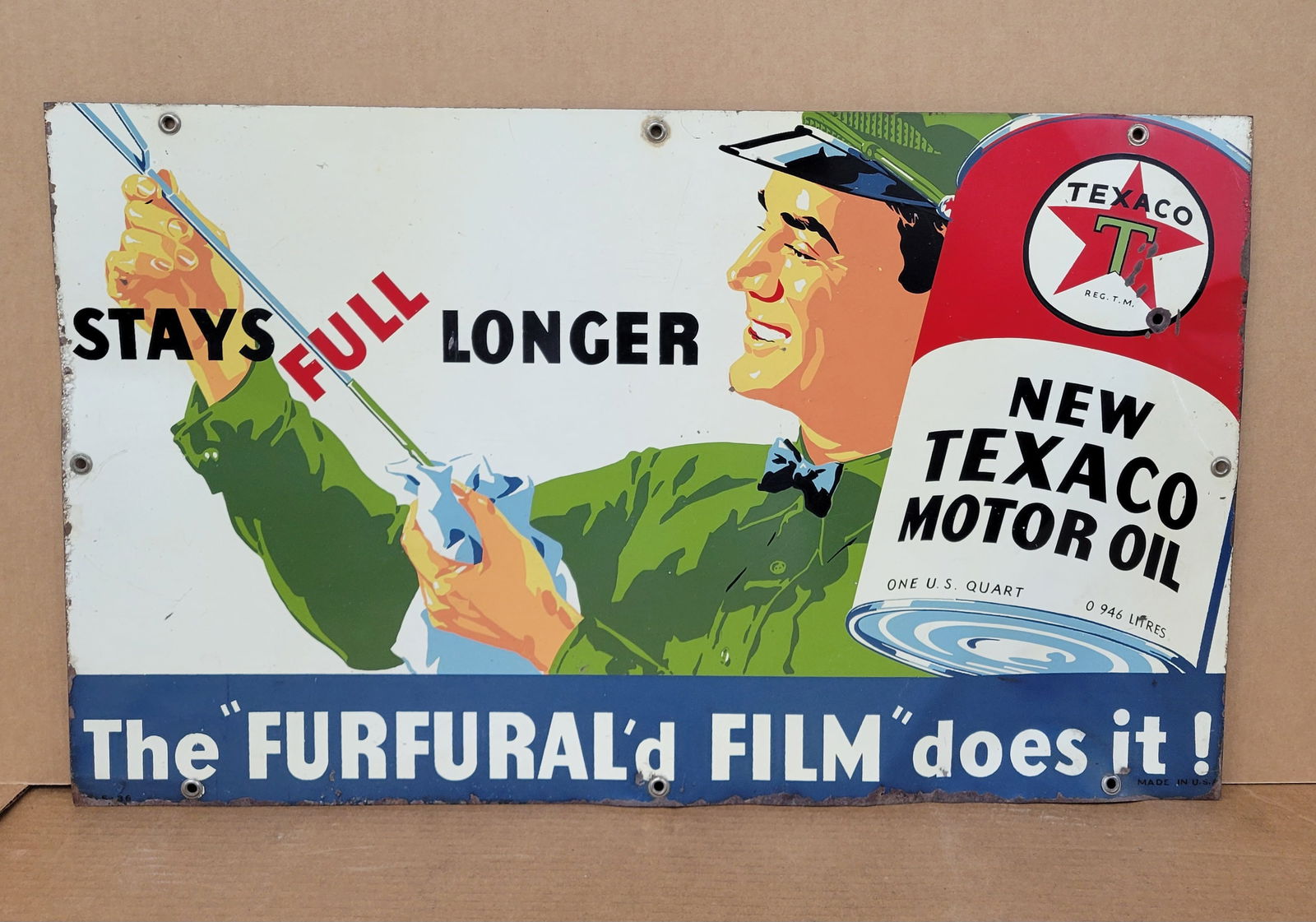 Texaco Motor Oil Furfural'd Film Does It Single Sided Tin Sign (1 of 2)