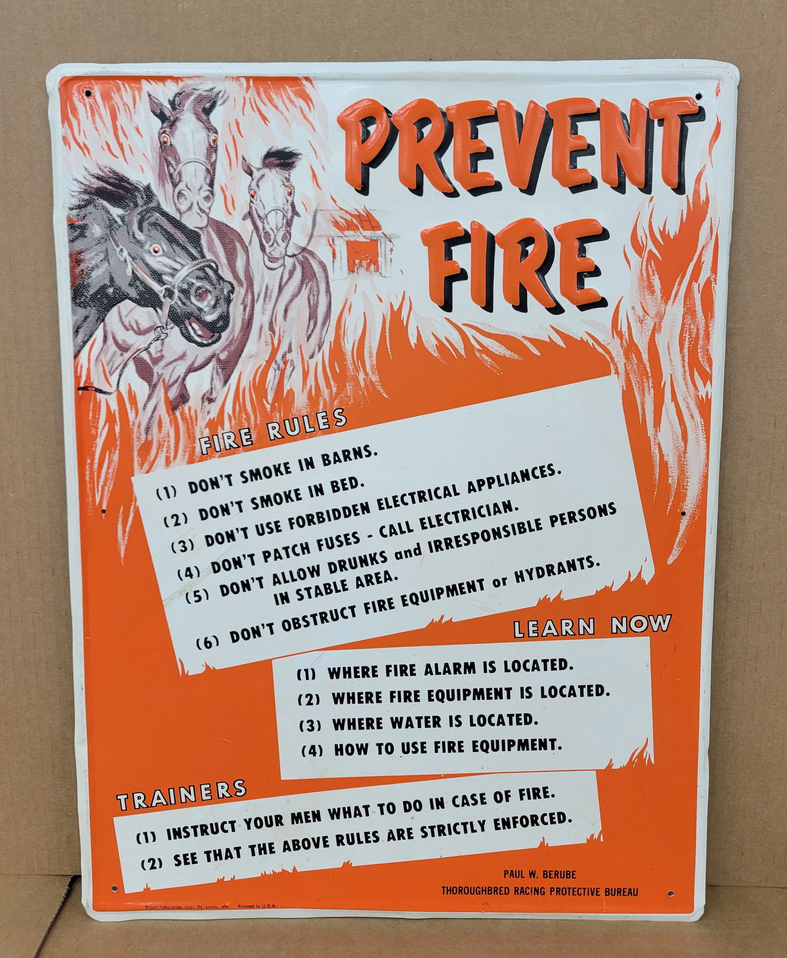 Thoroughbred Racing Protective Bureau Prevent Fire Single Sided Tin Embossed Sign (1 of 2)