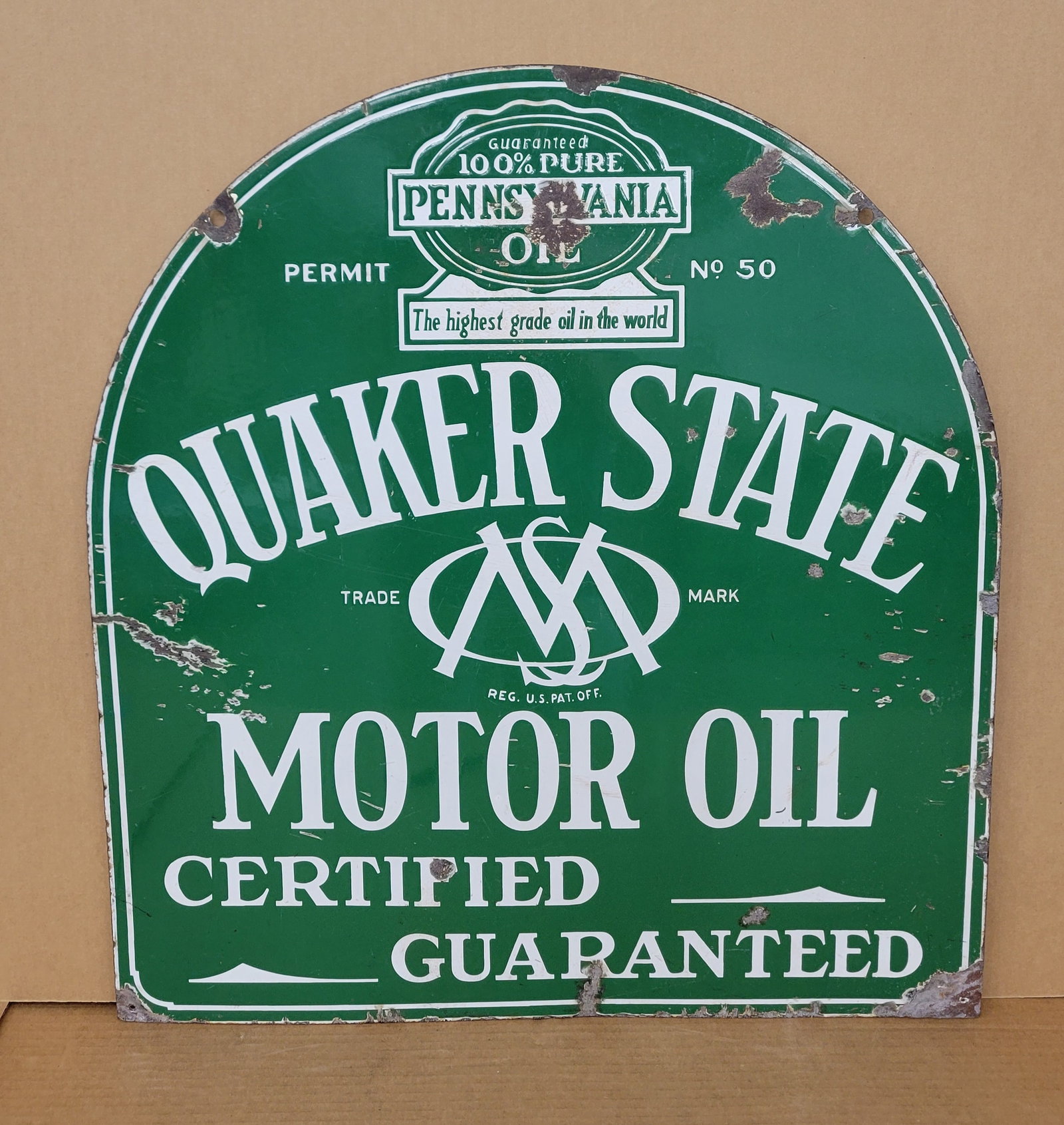 Quaker State Motor Oil Double Sided Porcelain Tombstone Sign: 26.5" x 29" DSP tombstone sign has signs of general wear throughout each side including porcelain chips, cracks in the porcelain, and surface rust.
