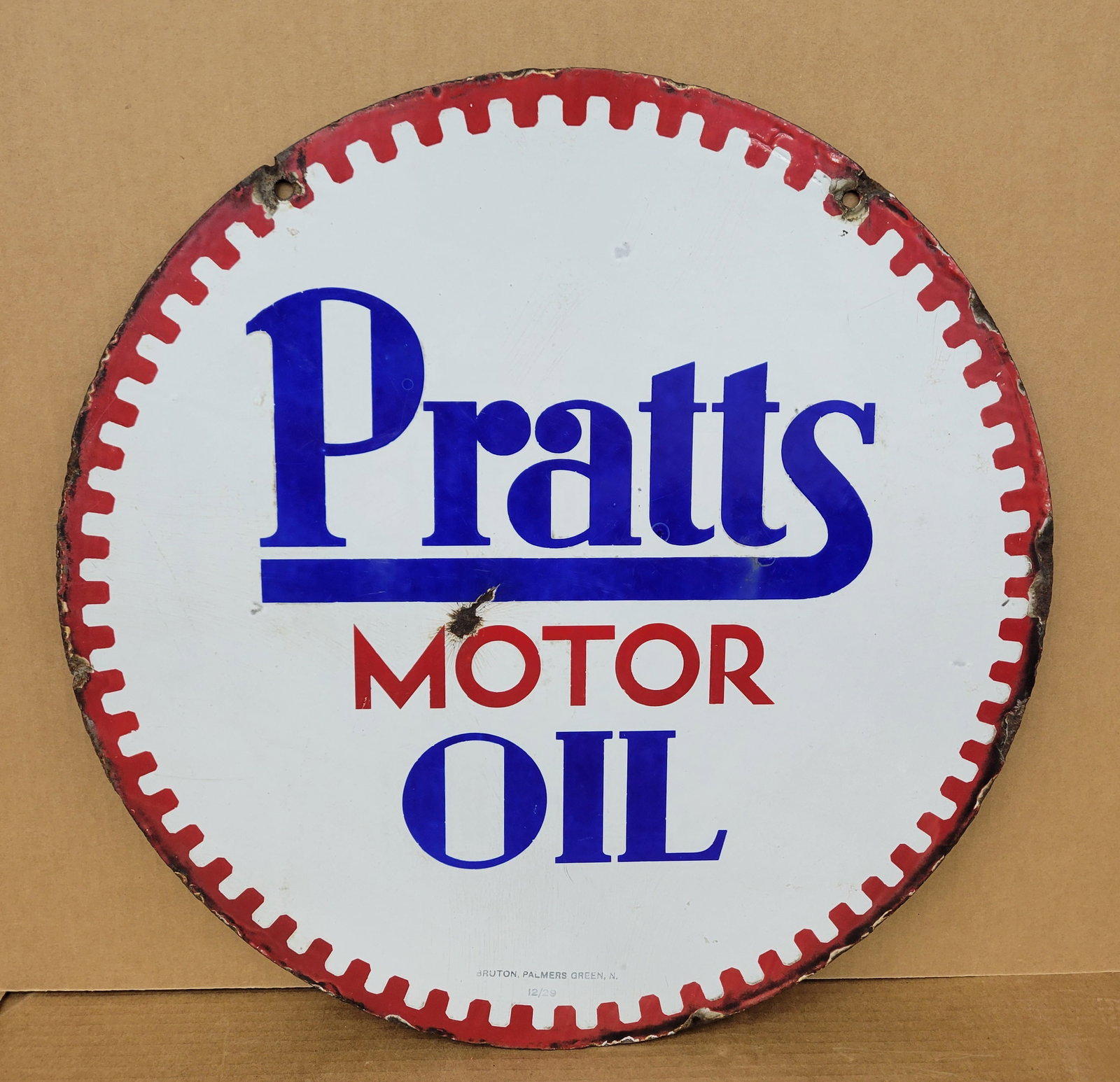 Pratts Motor Oil Double Sided Porcelain Sign: 21" DSP sign has good color gloss. Side #1 has light wear with fine scratches, crazing, and a chip in the center field. The perimeter has edge wear with chips and minor metal loss on the edges. The re
