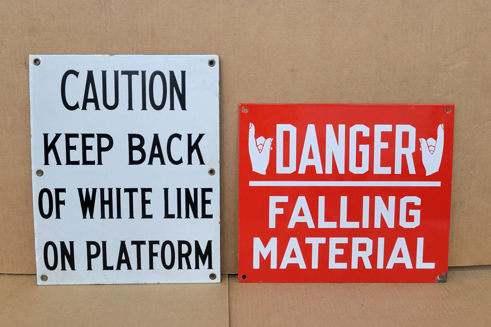 Danger Falling Material and Caution Keep Back Single Sided Porcelain Signs (1 of 4)