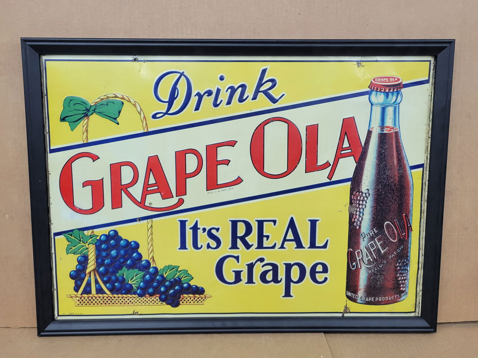 Drink Grape Ola It's Real Grape Embossed Single Sided Tin Sign In Frame (1 of 2)