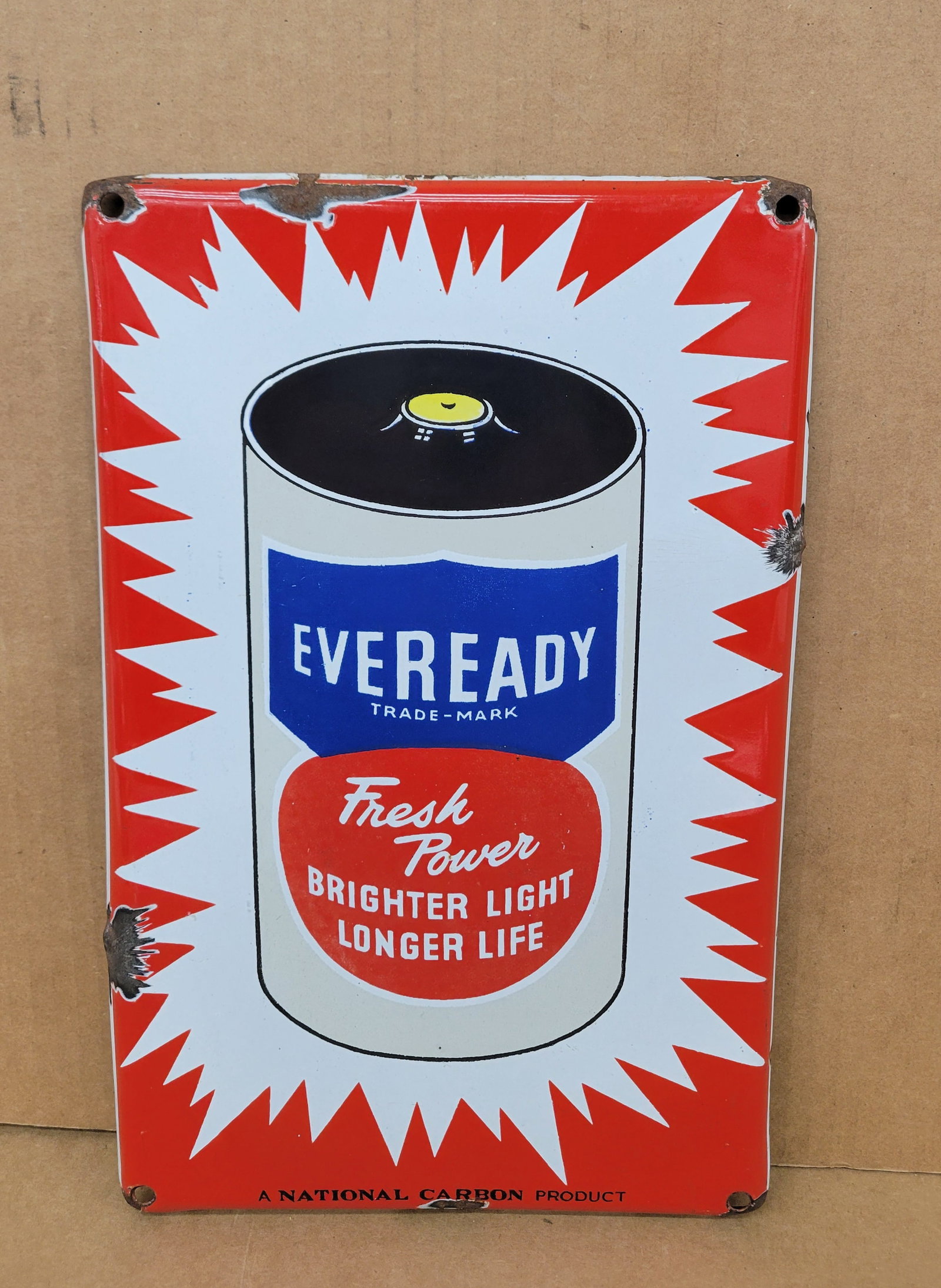 Eveready Fresh Power Brighter Light Longer Life Single Sided Porcelain Sign: 8.25" x 13.5" SSP sign displays good color and gloss with porcelain chips around the perimeter.