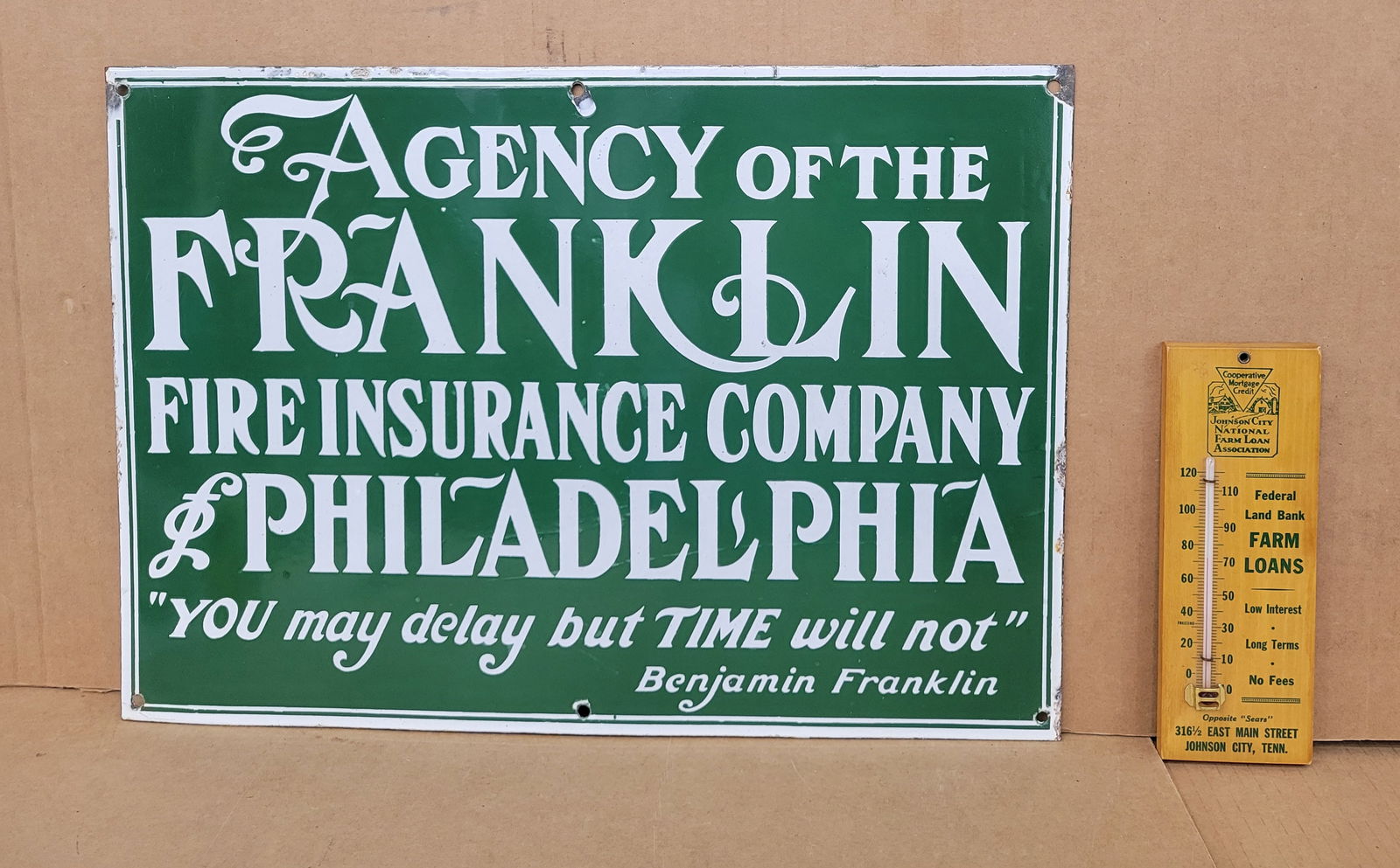 Agency Of The Franklin Fire Insurance Co. of Philadelphia Porcelain Sign and Johnson City National (1 of 3)