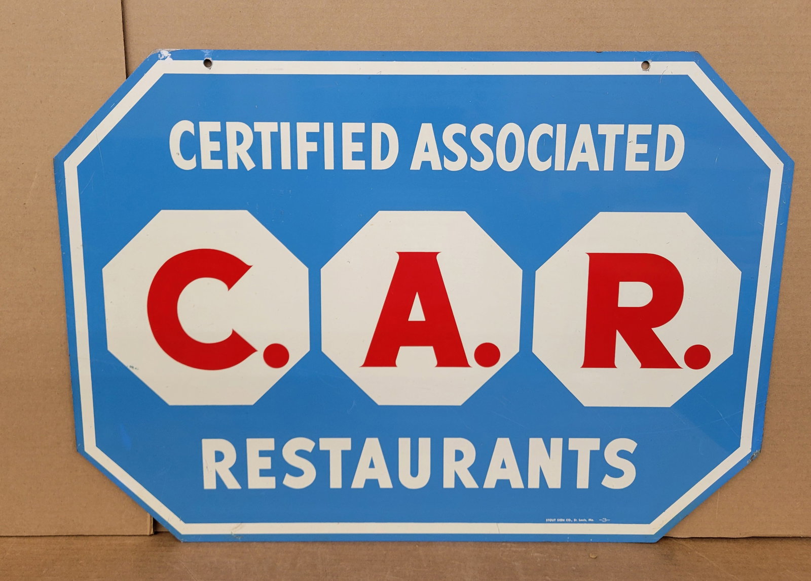 Certified Associated Restaurants Double Sided Tin Sign: 27.5" x 19.75" DST sign displays excellent color and shine with minor scuffs and scratches on each side. One side does have 2 small paint flakes visible in the lower field. There is a small bend with 