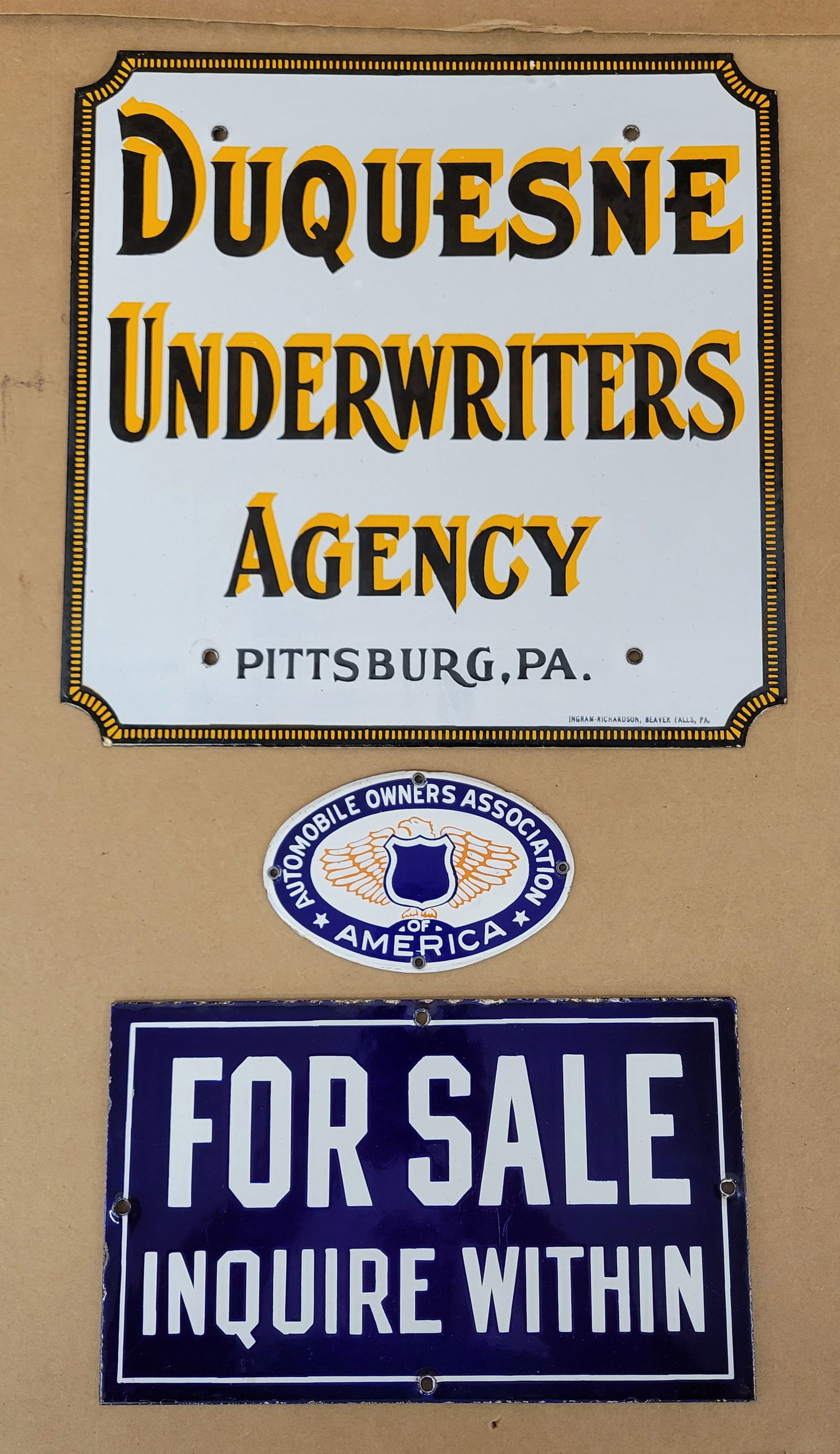 Duquesne, For Sale, and Automobile Owners Association Porcelain Signs (1 of 2)
