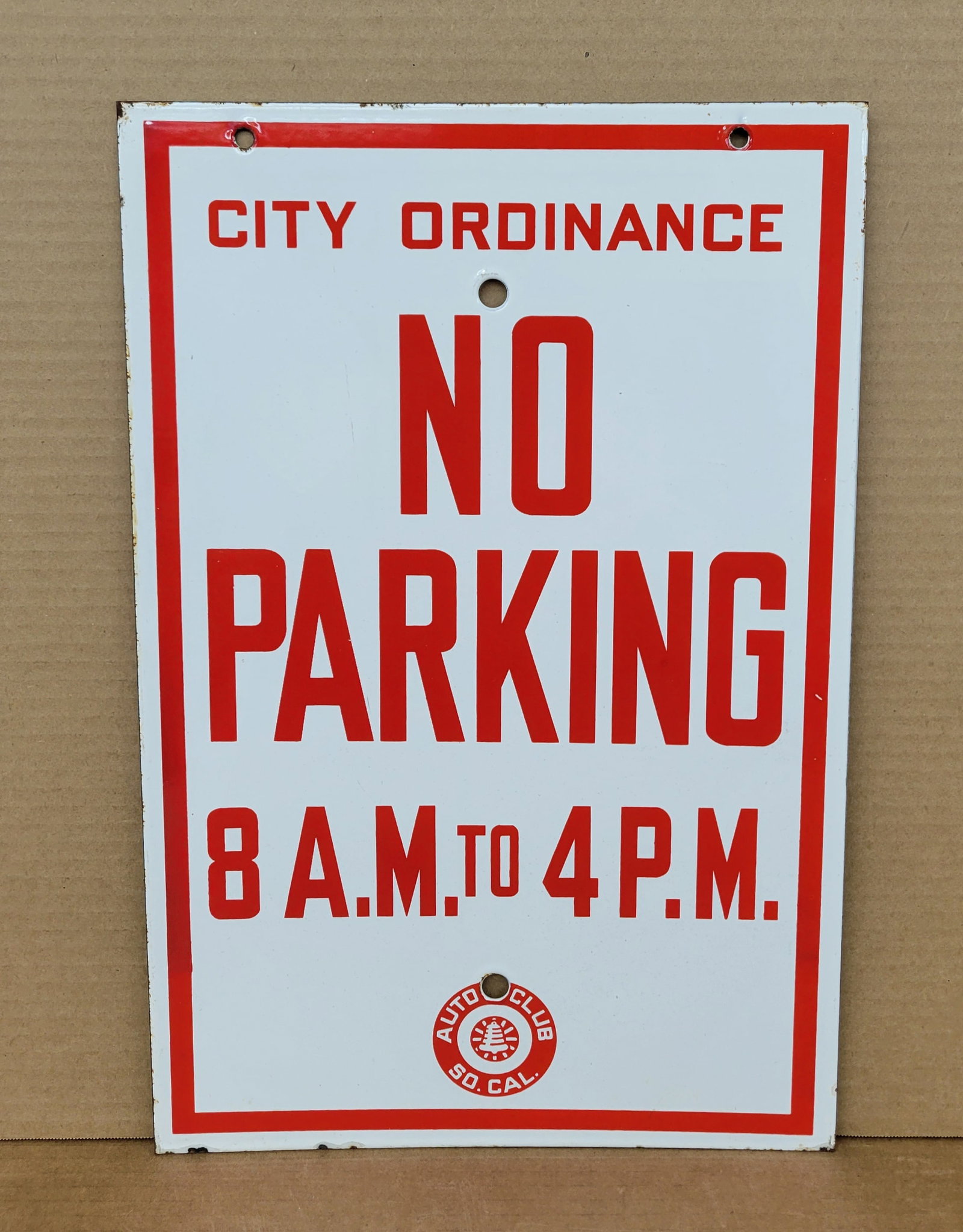 City Ordinance No Parking Single Sided Porcelain Sign: 12" x 18" SSP sign is in excellent condition with bright colors and high gloss. The perimeter has light wear with a few small chips.