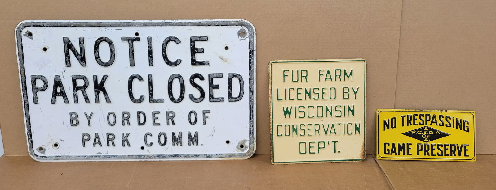 Fur Farm, Park Closed, and Game Preserve Signs (1 of 4)