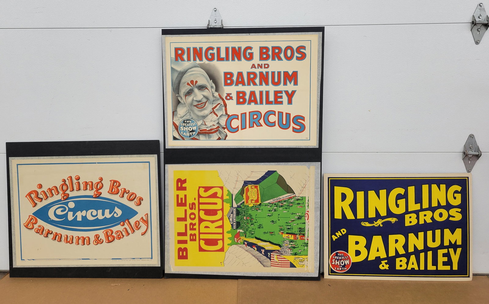 Ringling Bros. Barnum Bailey and Biller Bros. Circus Posters: Lot includes 4 posters professionally mounted on foam board and ready to be framed. The large foam board measures 30" x 48" and includes a Ringling Bros and Barnum Bailey poster in excellent condition