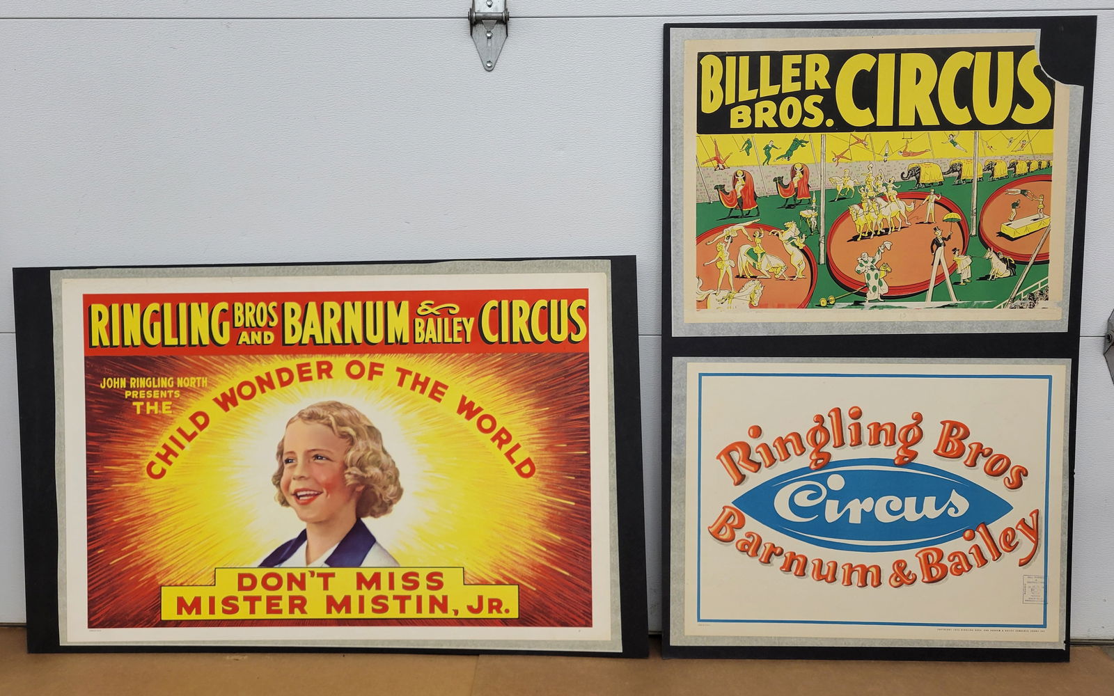 Ringling Bros. and Biller Bros. Circus Posters: Lot of 3 posters professionally mounted on foam board and ready to be framed. Each foam board measures 48" x 31". The Ringling Bros. Child Wonder of The World poster is in excellent condition with bol