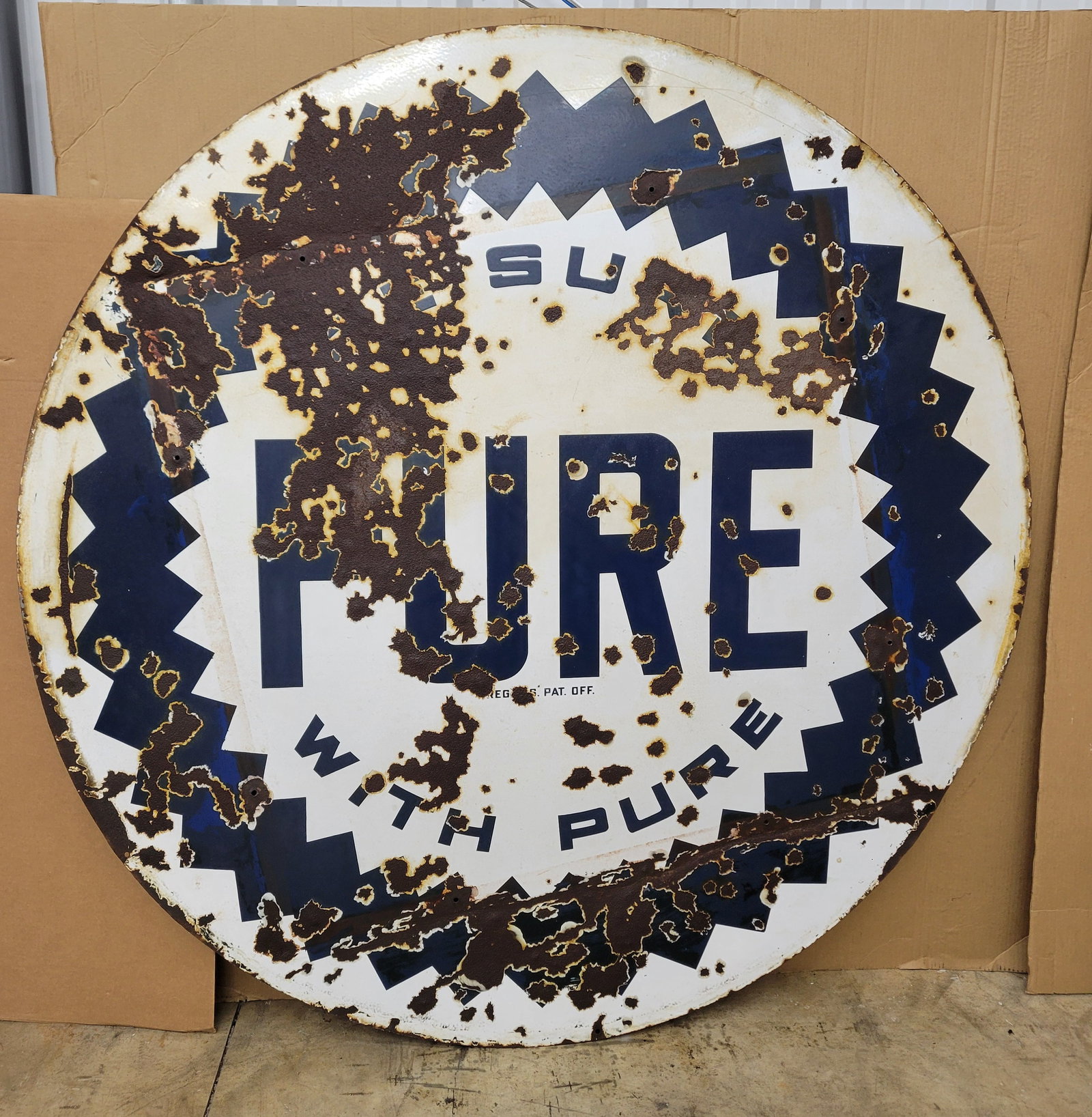 Pure 6Ft Double Sided Porcelain Sign: 72" DSP sign has heavy wear on each side including bends, porcelain chips, holes, fading, and rust.