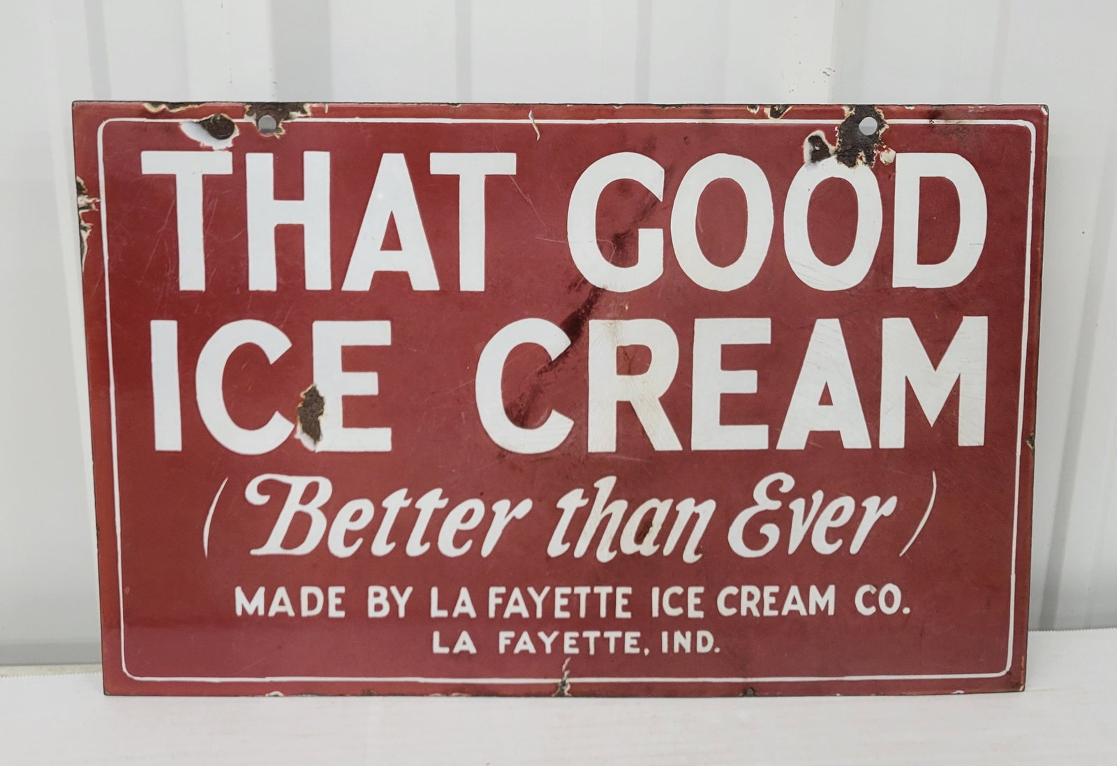 La Fayette Ice Cream Co. That Good Ice Cream Double Sided Porcelain Sign: 14" x 21" DSP sign exhibits general wear throughout on each side including small chips, scratches, and crazing in the porcelain.