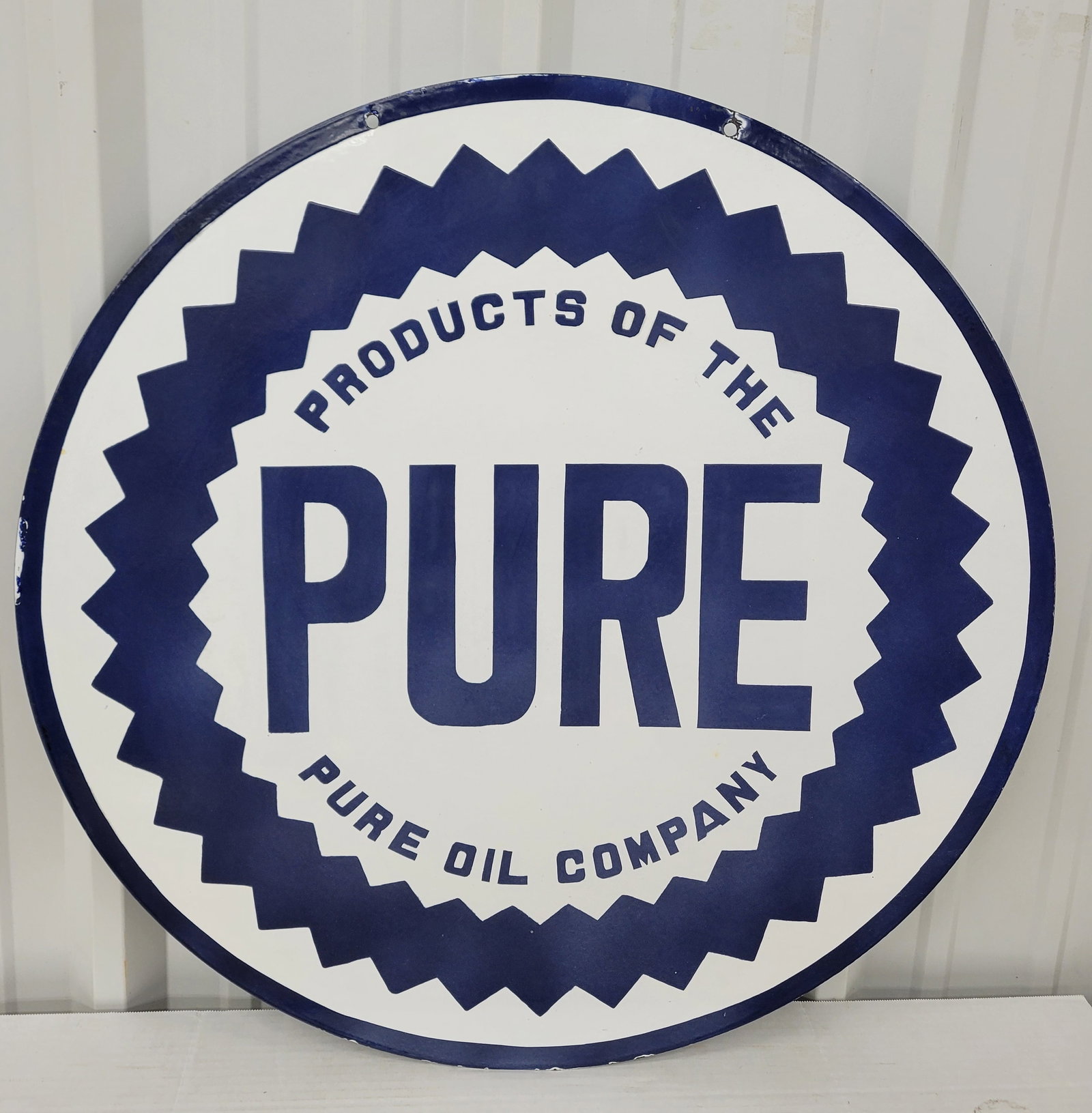 30" Pure Double Sided Porcelain Sign: 30" reproduction DSP sign exhibits excellent gloss on each side with several small porcelain chips around the perimeter.