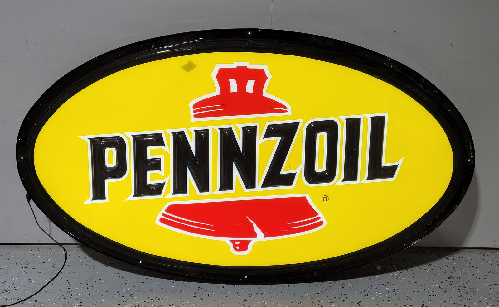 Pennzoil Embossed Light Up Plastic Sign: 59.5" x 34.5" x 4.5 " Working embossed heavy plastic light up Pennzoil sign with excellent color and mild scratches in the field. The can is metal.