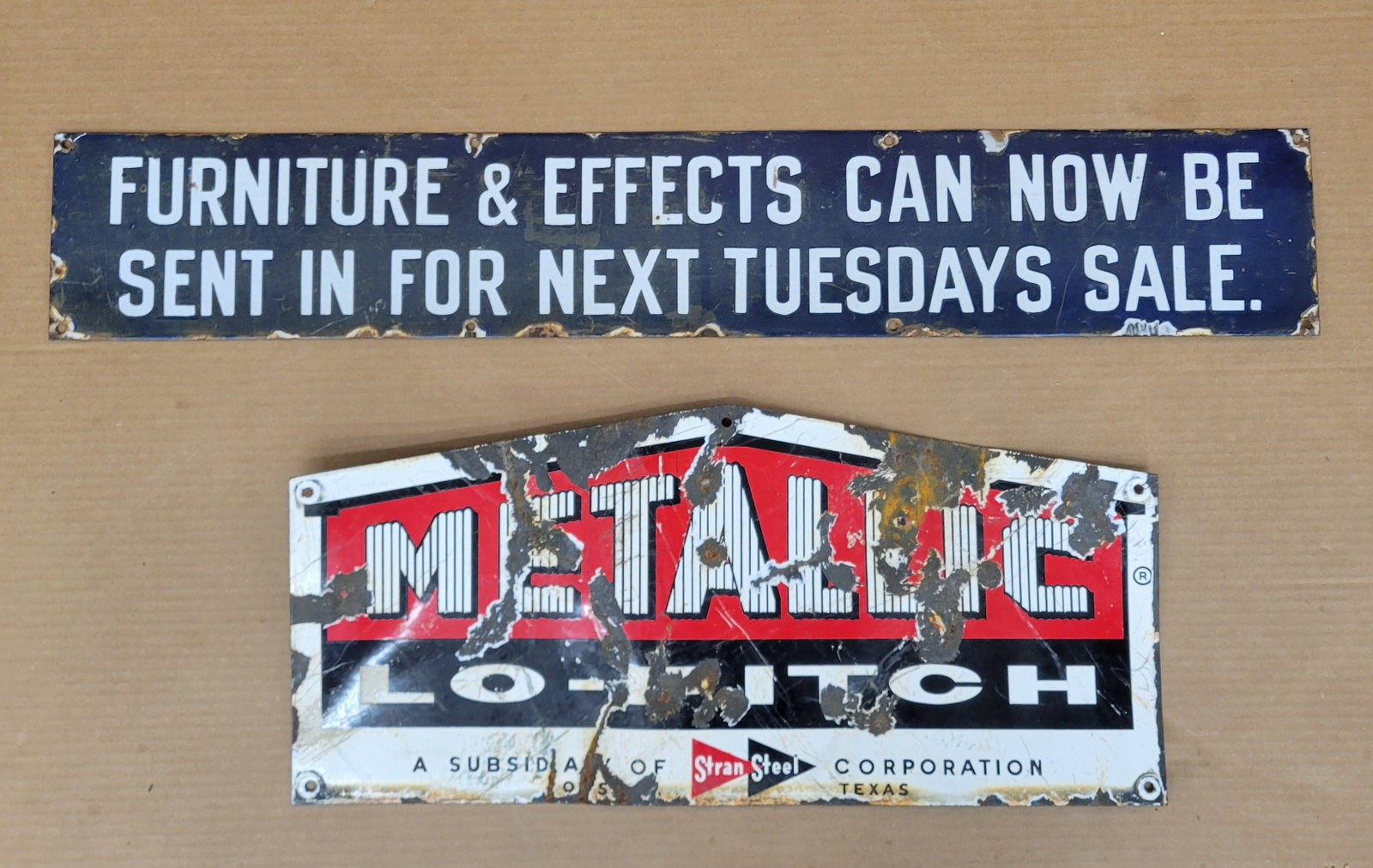 Metallic, Furniture and Effects Porcelain Signs: Lot of 2 signs includes a 24" x 11" SSP Metallic sign with significant damage including porcelain loss and bends. Also a 36" x 6" SSP Furniture sign with general wear throughout including scratches, d