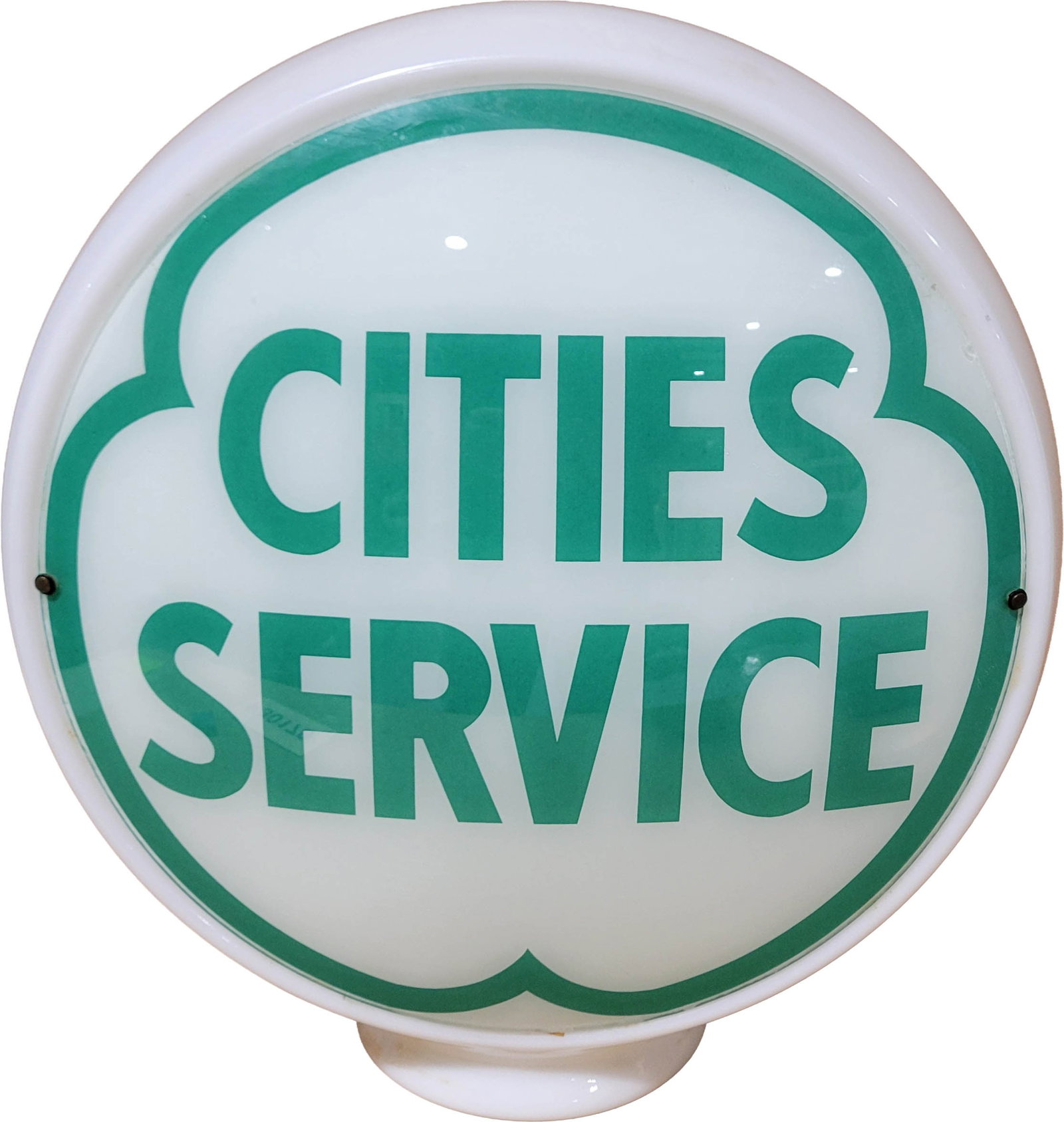 Cities Service Gasoline 13.5" Complete Wide Milk Glass Gas Pump Globe: 16.5" T., two 13.5" lenses mounted in a wide milk glass body. Lens #1 has very good color with faint cloudiness in the outer fields. The reverse lens is similar with a small chip on the edge at 2 o'cl