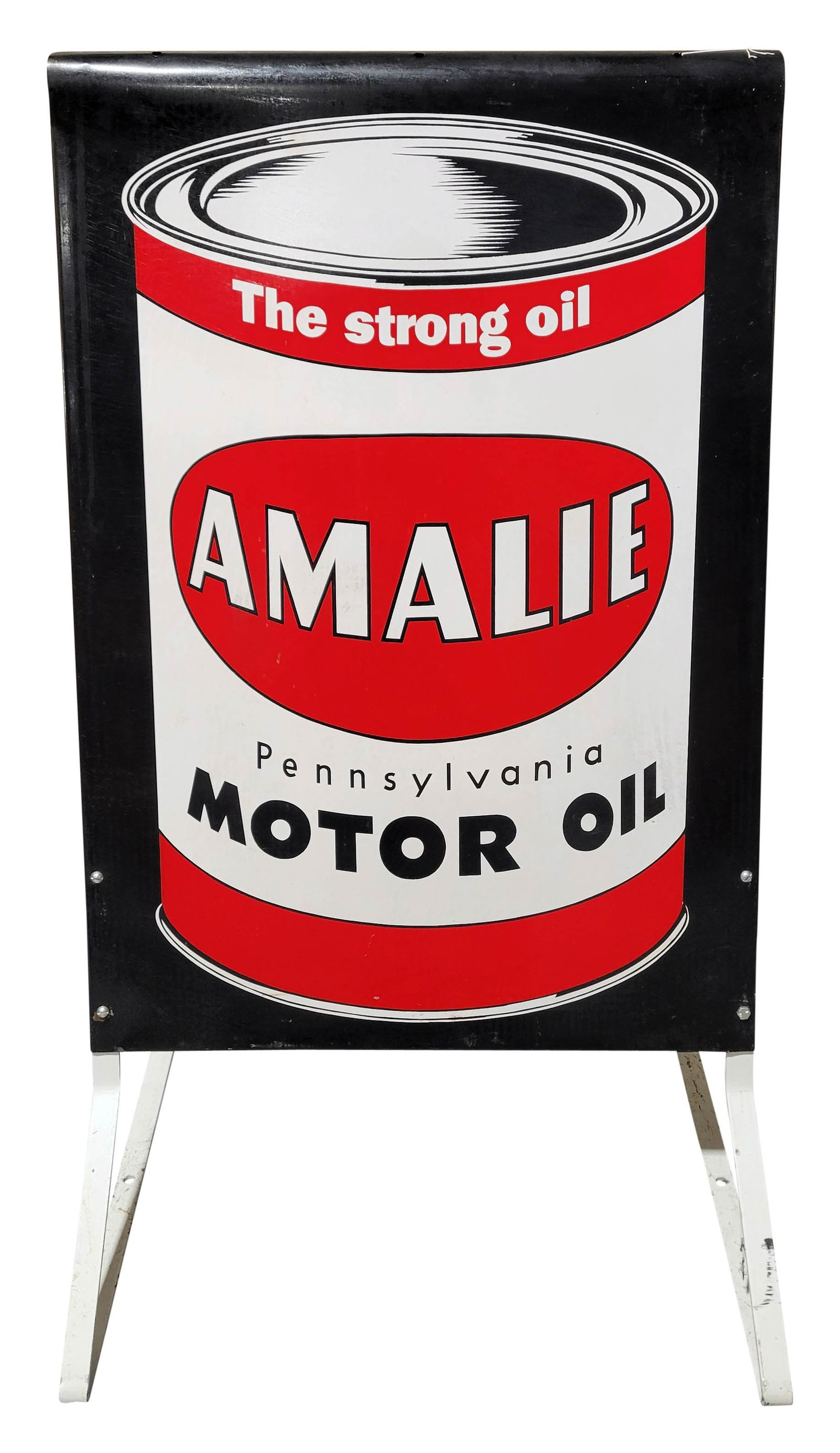 Amalie Motor Oil Double Sided Tin Sidewalk Sign: 36" x 24" x 41" DST sidewalk sign features the Amalie Motor Oil can on each side.The sign displays good color on both sides with light wear to the surface including light scratches. The metal stand ex