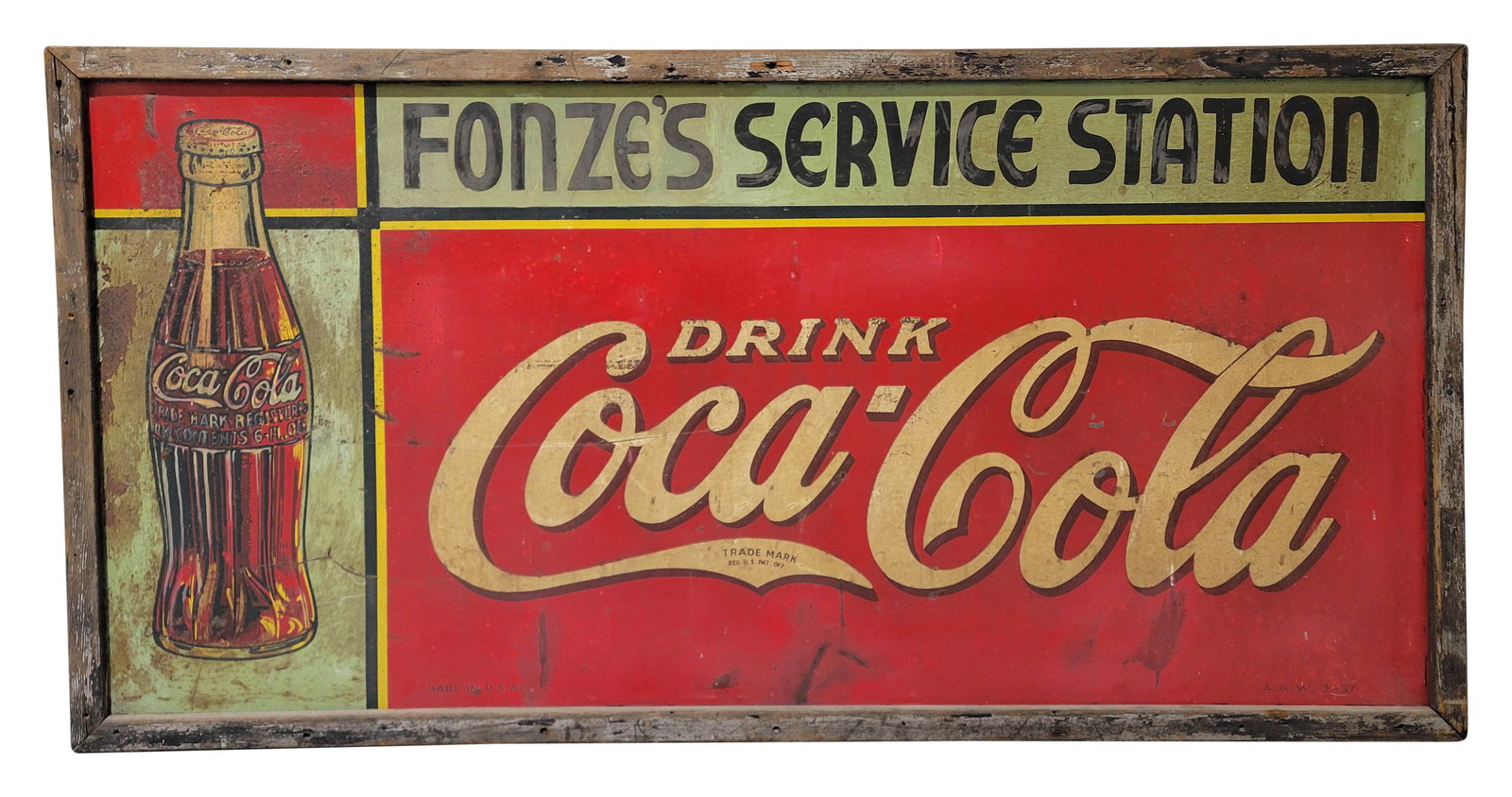 1937 Drink Coca Cola "Fonze's Service Station" 6' SST Sign w/ Bottle (1 of 3)