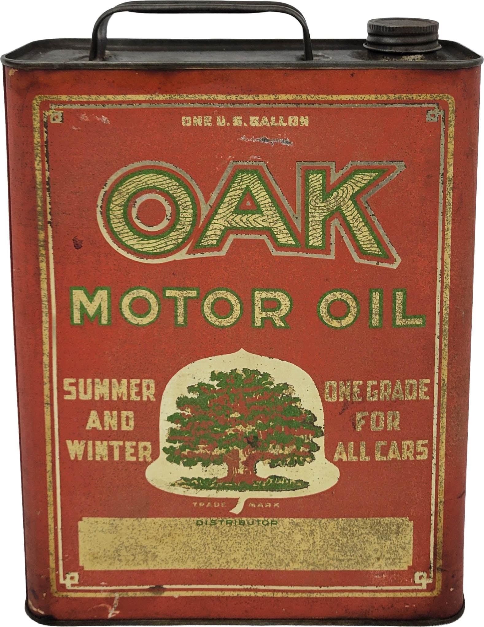 Scarce Oak Motor Oil One Gallon Can: 8" x 11" one gallon can has moderate wear throughout with a shallow dent at the edge of one side. It has maintained its red color and even has some of the metallic gold sheen within the graphics. The