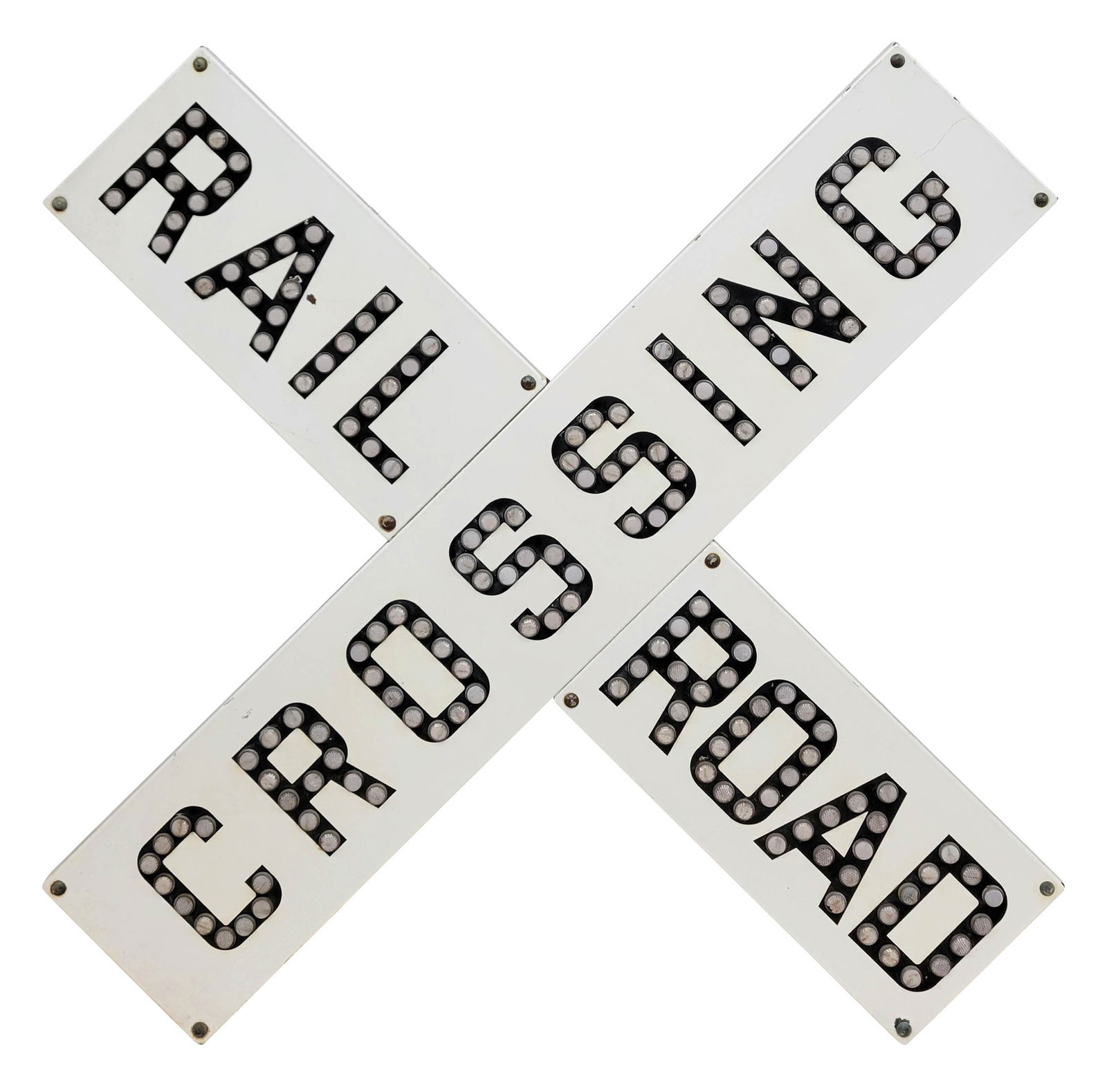 Porcelain Railroad Crossing Cat Eye Reflective Sign: 41" x 41" x 5" SSP railroad crossing sign is in very good condition featuring reflectors on the lettering. There is a small chip near the letter "A" and a few minor chips along the edges and corners.