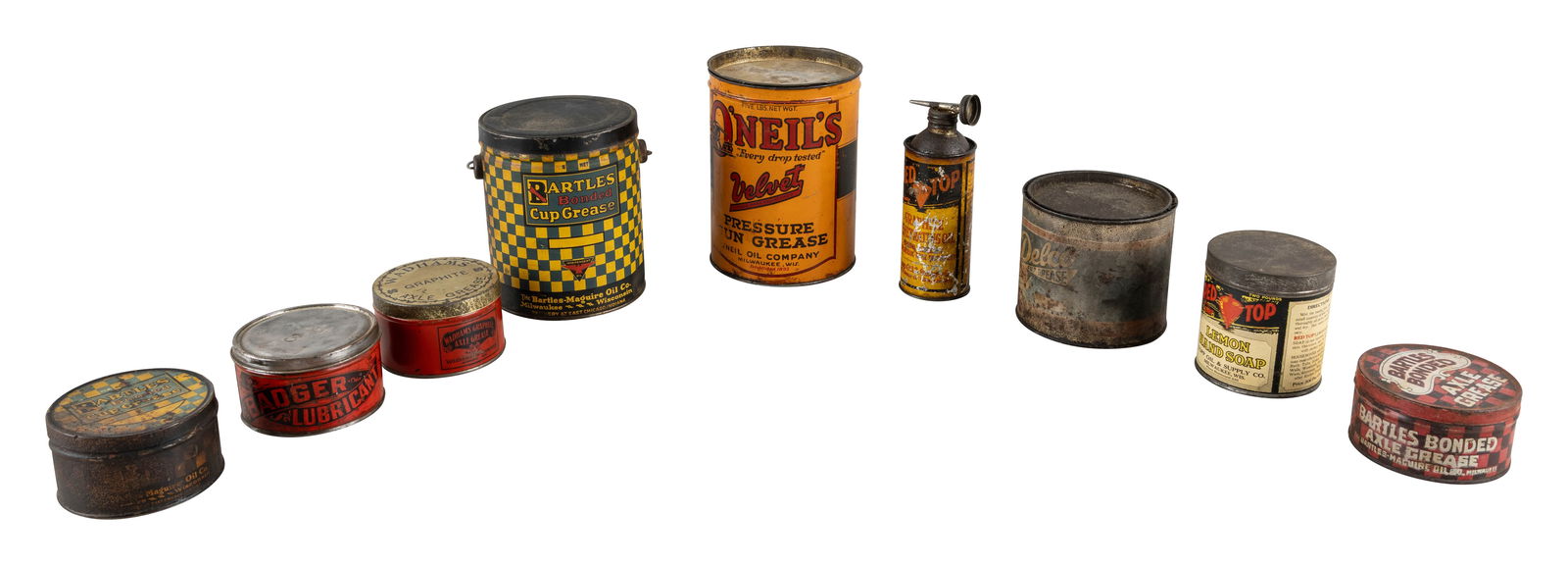 Group of 9 Grease & Lubricant Cans Wadhams Red Top Bartles Bonded Oneil's Velvet Delco (1 of 2)