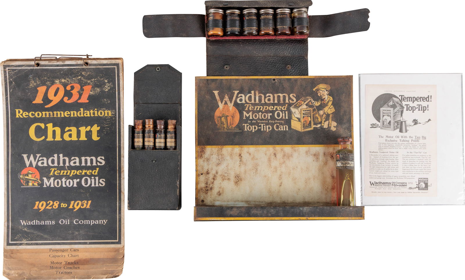 Wadhams Motor Oil SST Advertising Display w/ 1931 Chart & Sample Bottles: 12" x 13" x 3", Group includes a SST advertising display with oil bottles, salesman oil bottle kit, and a 1931 Wadhams Recommendation Chart. The SST display has outstanding graphics with a young fello