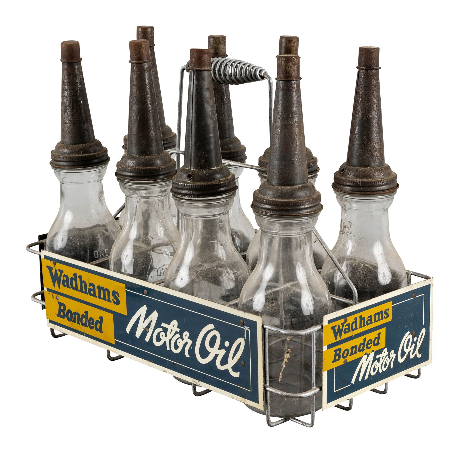 Wadhams Bonded Motor Oil Complete Oil Display Rack 4 Signs 8 Bottles: 15.5" x 19" x 10", metal oil bottle rack with four Wadhams SST signs, eight glass bottles and embossed Wadhams spouts. The signs have excellent color and shine with light wear. The oil bottles are in
