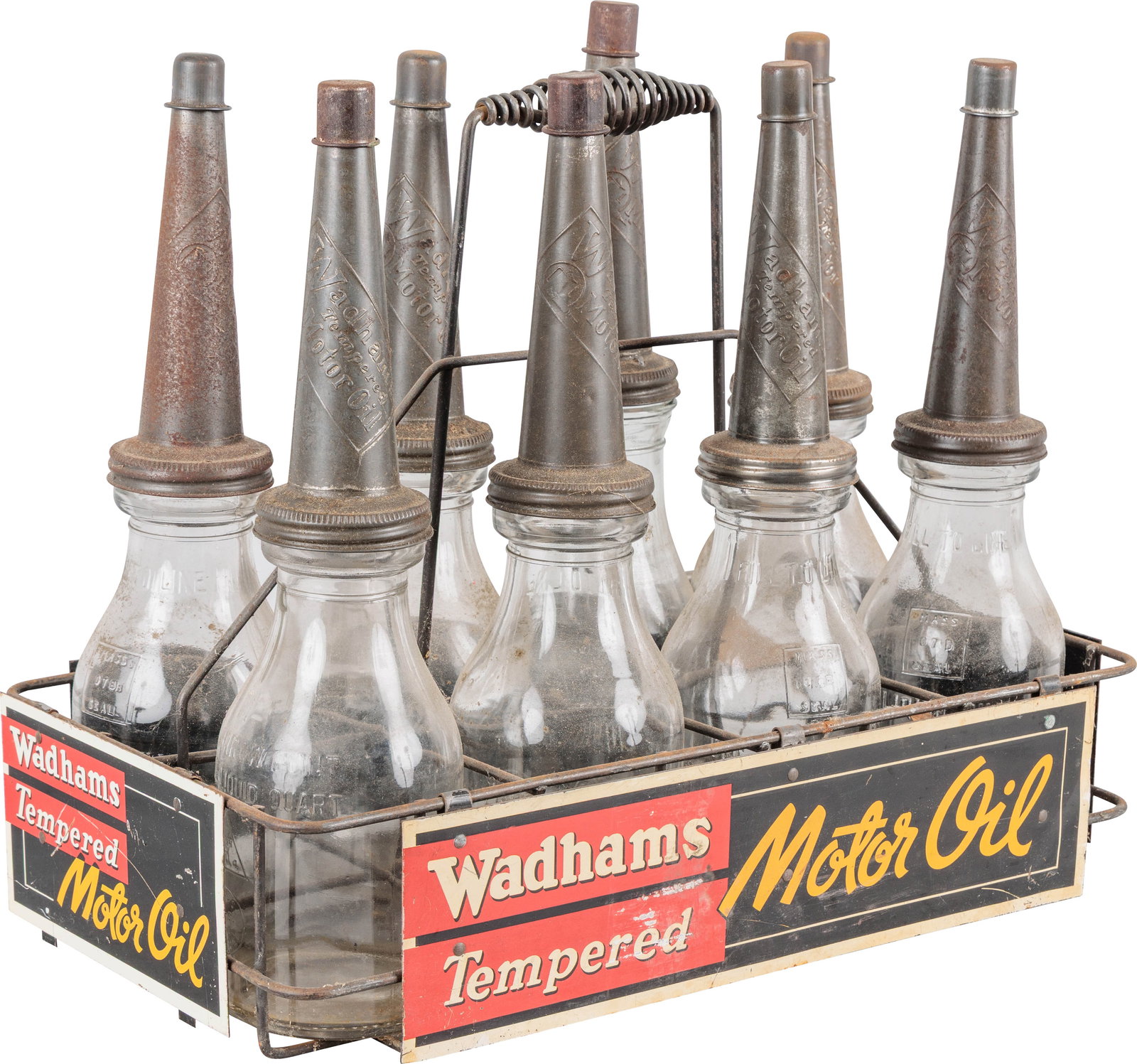 Wadhams Motor Oil Carrier w/ 8 Bottles & 4 SST Signs: 16" x 19" x 10", metal glass oil bottle carrier rack features four SST signs with eight bottles with embossed Wadhams metal spouts. The rack signs have very good color with two being clean with light