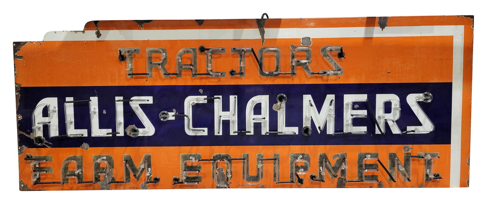 Allis Chalmers Tractors Farm Equipment 7.5' SSP Factory Neon Sign: 91" x 35" x 9", SSP factory neon sign has good color. The field has chips with fading and cloudiness to the Tractors and Farm Equipment lettering and orange porcelain enamel in the outer fields. The p