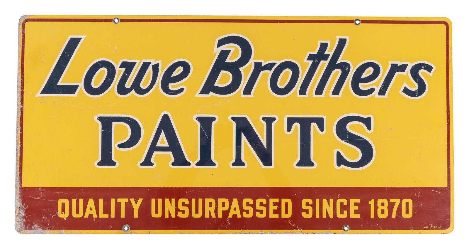 1949 Lowe Brothers Paints "Since 1870" DST Sign: 18" x 36", DST sign has very good color and shine. Side #1 has light wear throughout with fine scratches, blistering in the upper left field and oxidation along the perimeter. The reverse is in a simi