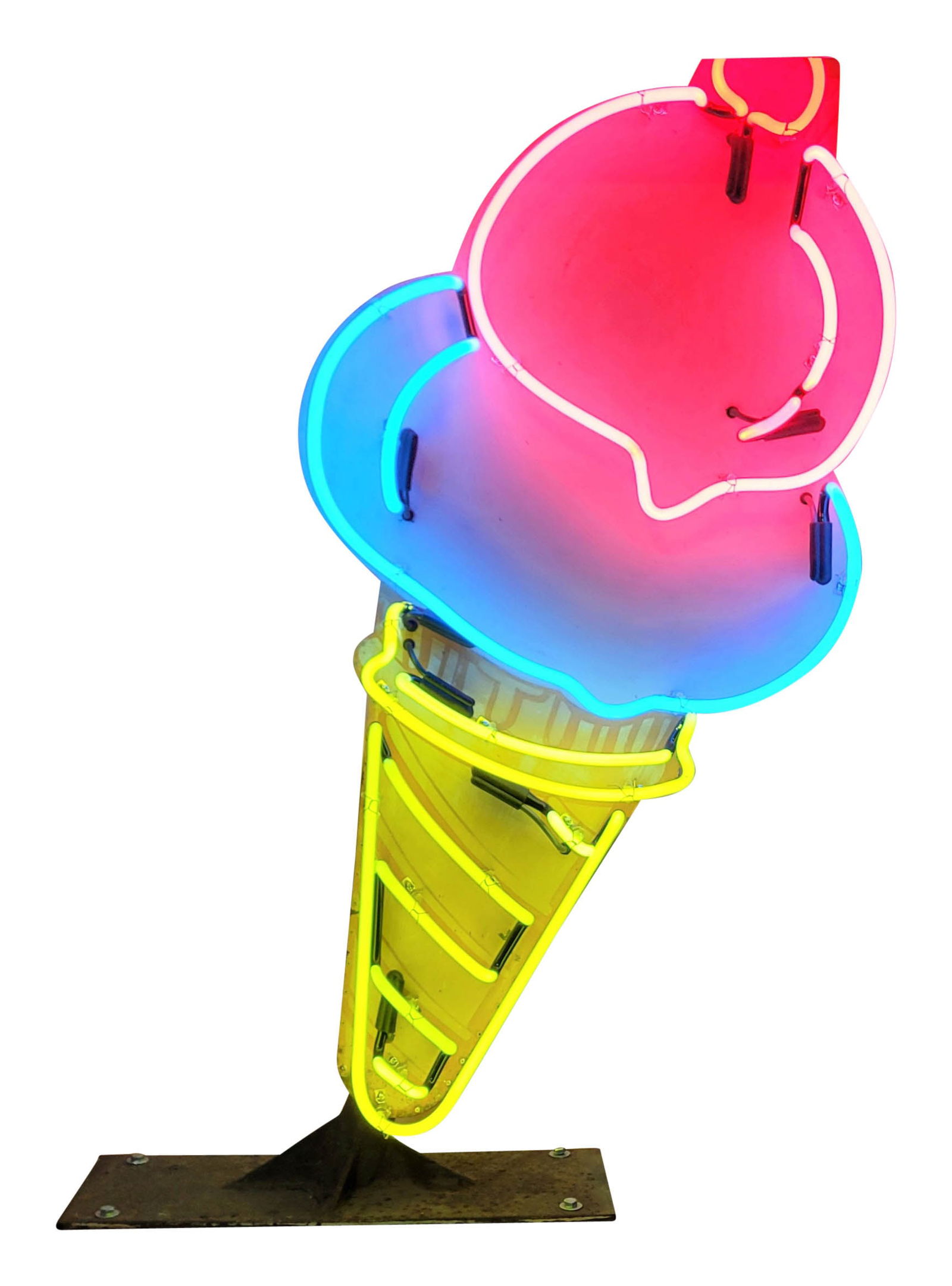 Ice Cream Cone 3.5' DST Neon Sign: 24" x 43" x 16", DST die cut sign with added four-color neon has very good color and shine. The painted skins and can have been repainted and show areas of light wear throughout. The metal wall mount