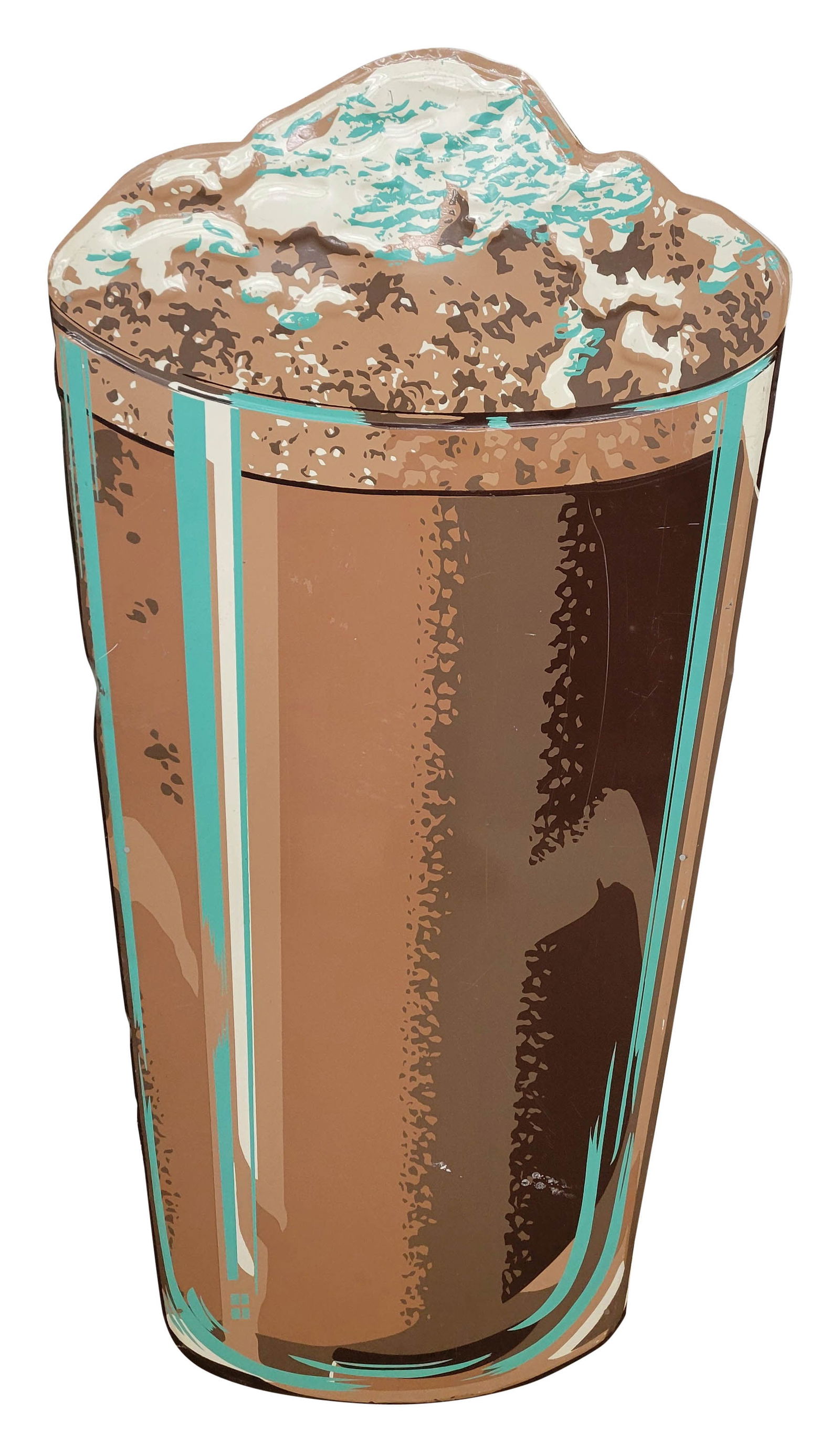 Large Soda Fountain Ice Cream Float / Malt Embossed Die Cut SST Sign: 24" x 48" embossed SST sign displays bright color and good shine with light wear in the field including scuffs and small scratches. The perimeter has minor wear with a few small bends.