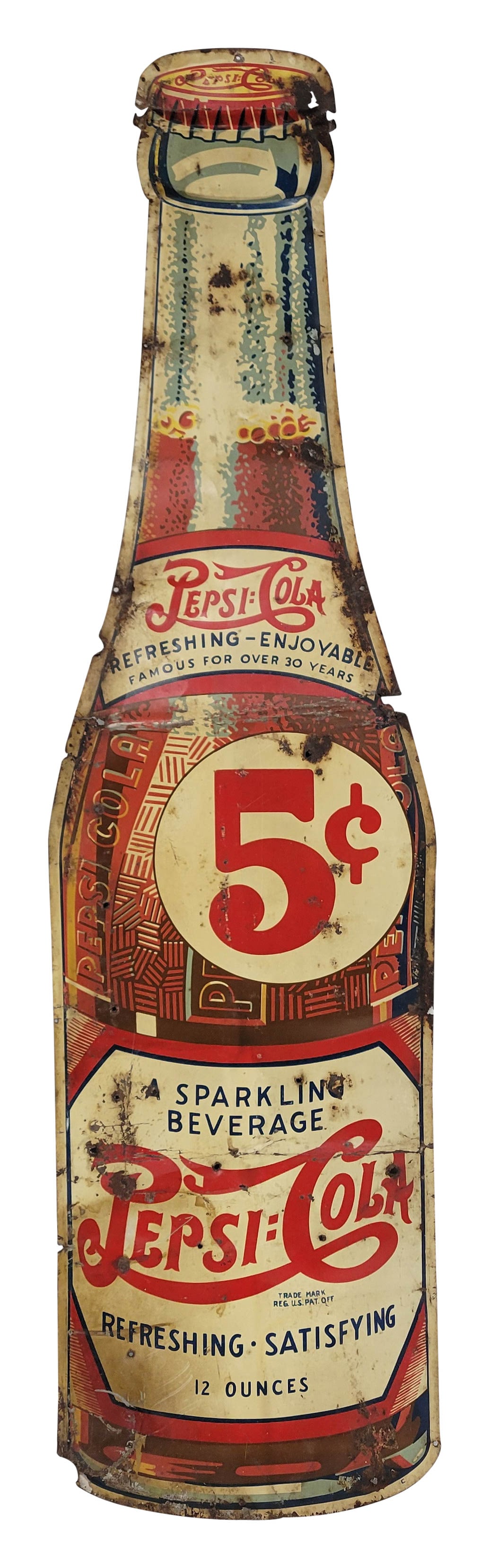 1940 Pepsi Cola 5 Cent Single Sided Tin Bottle Sign (1 of 4)