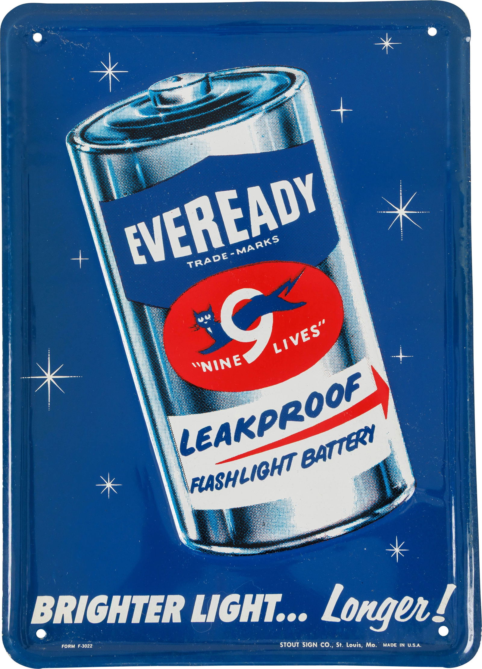 NOS Eveready Leakproof Flashlight Battery "Nine Lives" Emb. SST Sign w/ Paper: 13.75" x 10", Outstanding NOS SST embossed self-framed sign with the factory paper has excellent color and shine. The field is clean with minor paper marks in the outer fields. The perimeter has light